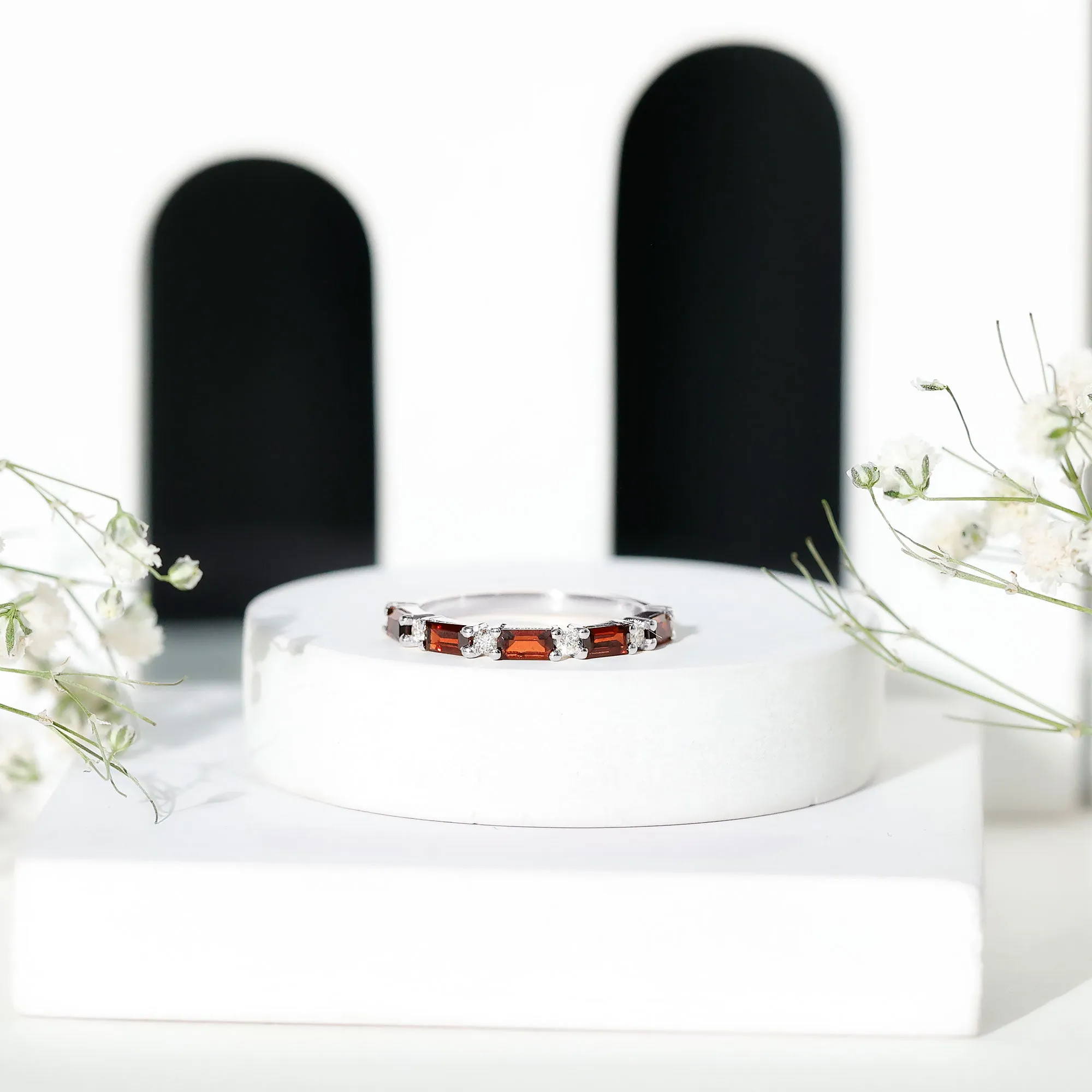 0.75 CT Baguette Garnet and Diamond Half Eternity Stackable Ring