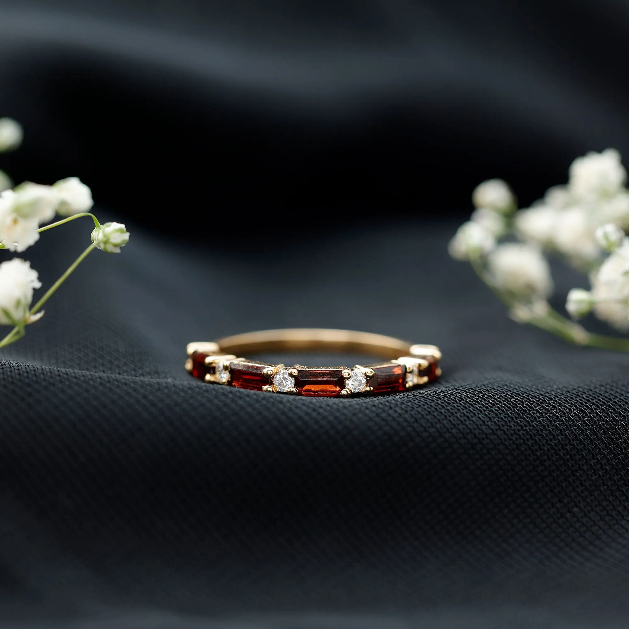 0.75 CT Baguette Garnet and Diamond Half Eternity Stackable Ring