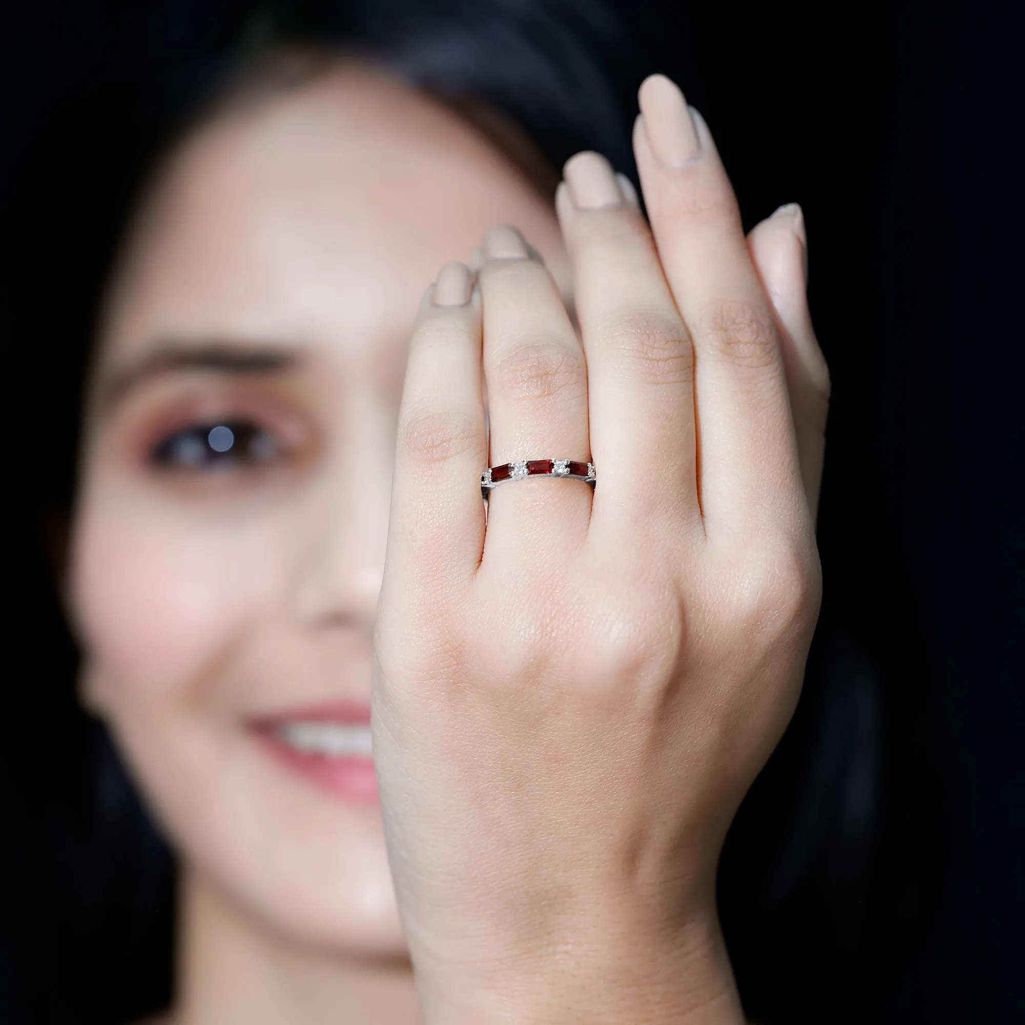 0.75 CT Baguette Garnet and Diamond Half Eternity Stackable Ring