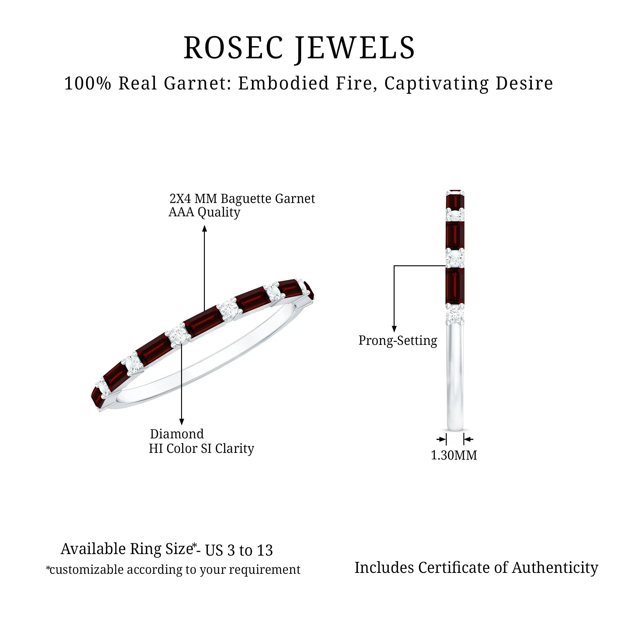 0.75 CT Baguette Garnet and Diamond Half Eternity Stackable Ring