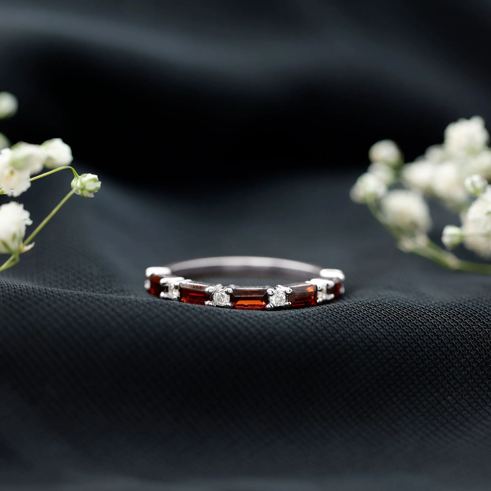 0.75 CT Baguette Garnet and Diamond Half Eternity Stackable Ring