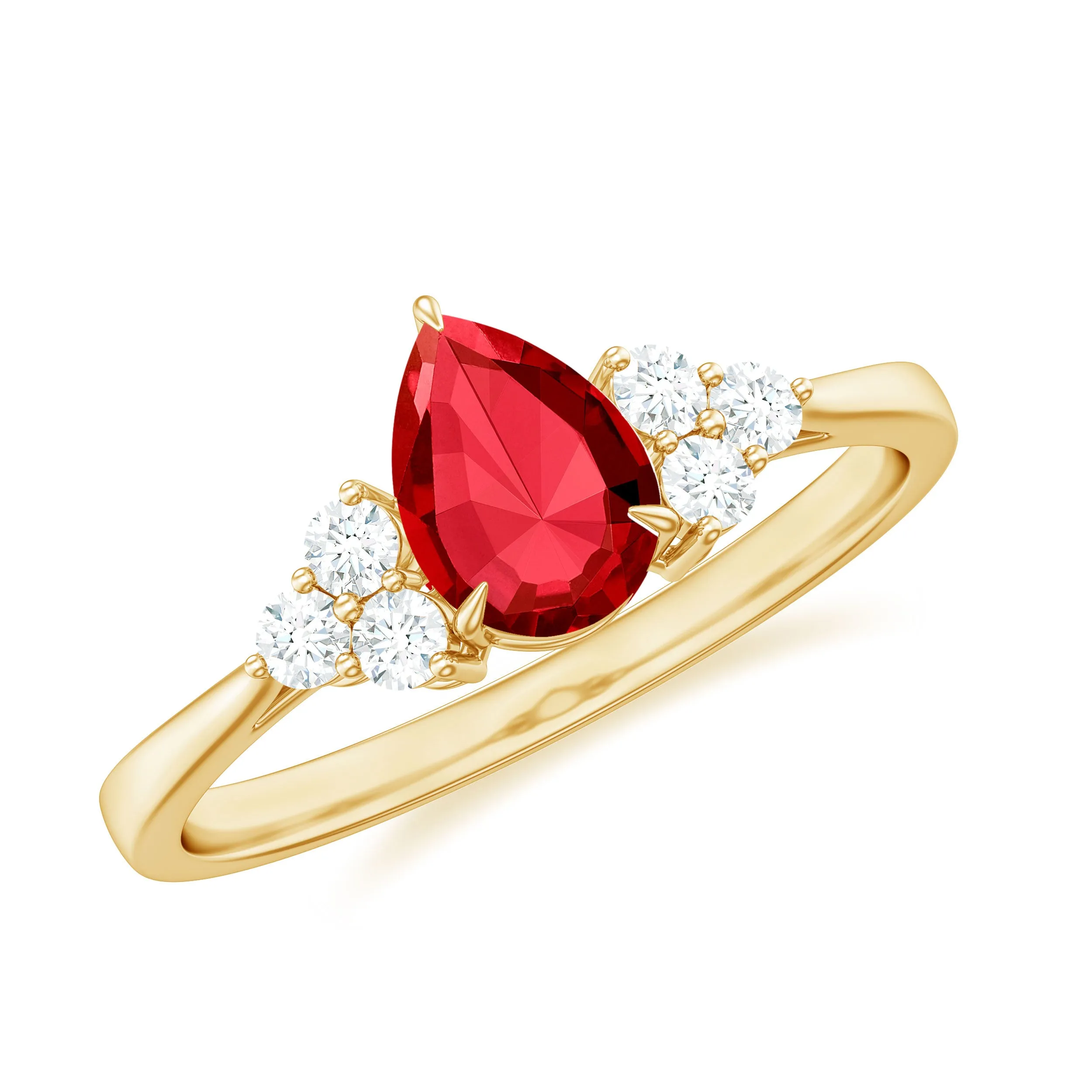 1 CT Pear Shaped Lab Grown Ruby Solitaire Ring with Diamond Trio