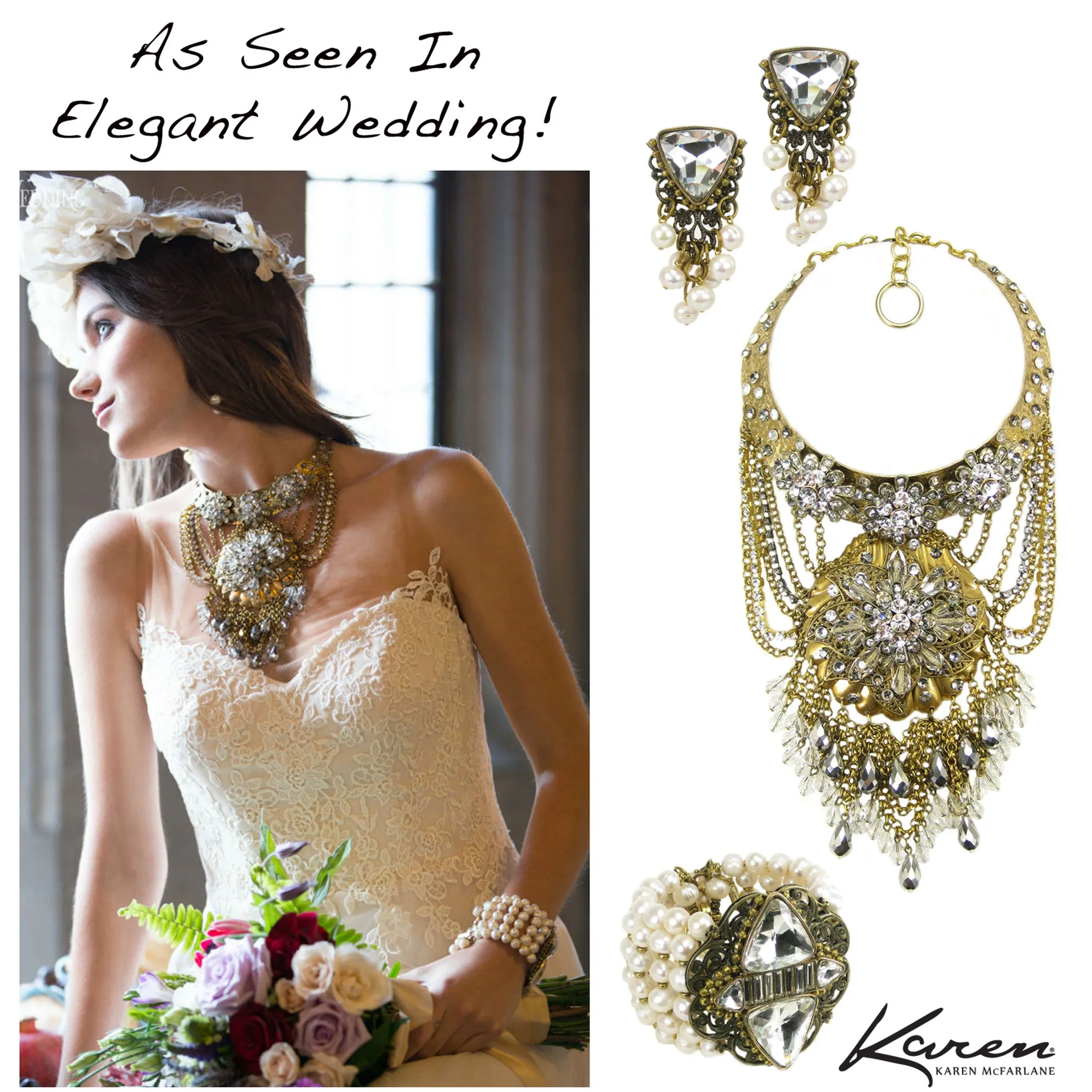 #1075n Gold Tone Choker/Bib "Statement" Necklace With Crystal & Rhinestone Detail