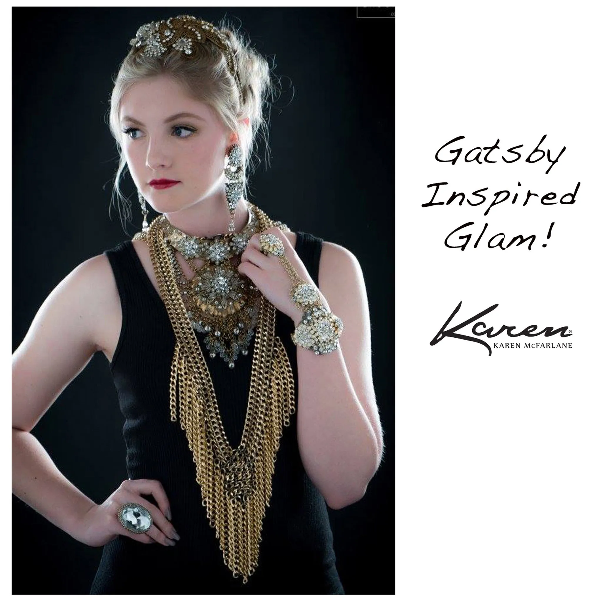 #1075n Gold Tone Choker/Bib "Statement" Necklace With Crystal & Rhinestone Detail
