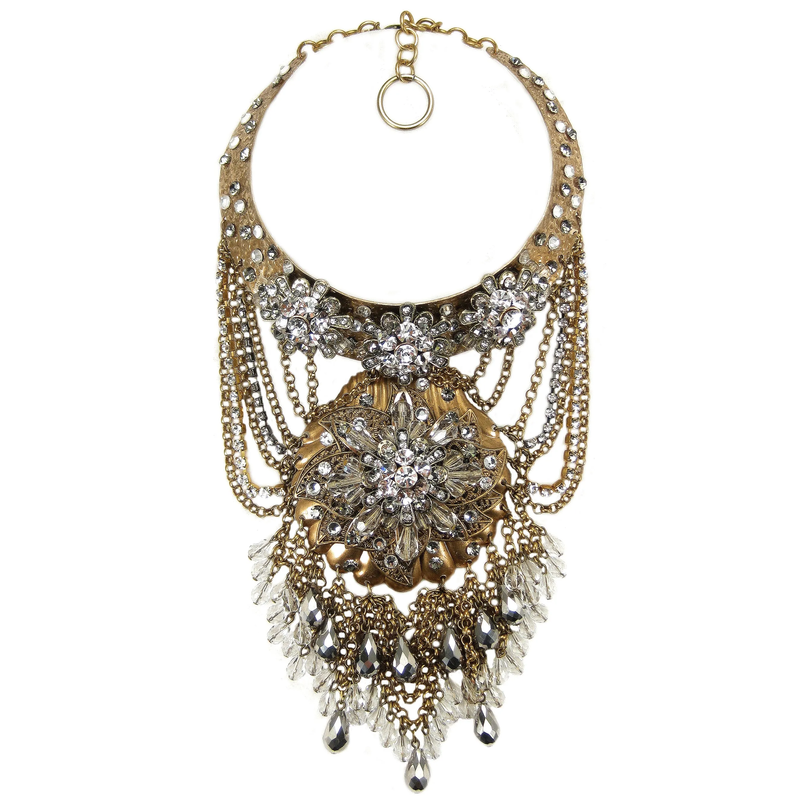 #1075n Gold Tone Choker/Bib "Statement" Necklace With Crystal & Rhinestone Detail