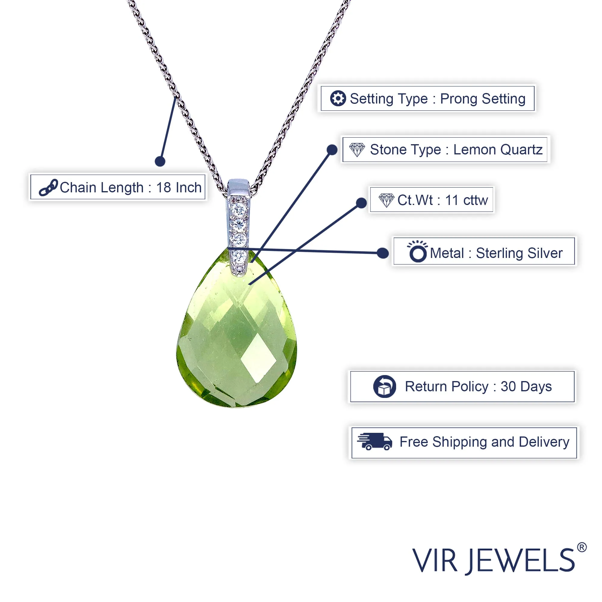 11 cttw Pendant Necklace, Lemon Quartz Pear Shape Pendant Necklace for Women in .925 Sterling Silver with Rhodium Plating, 18 Inch Chain, Prong Setting