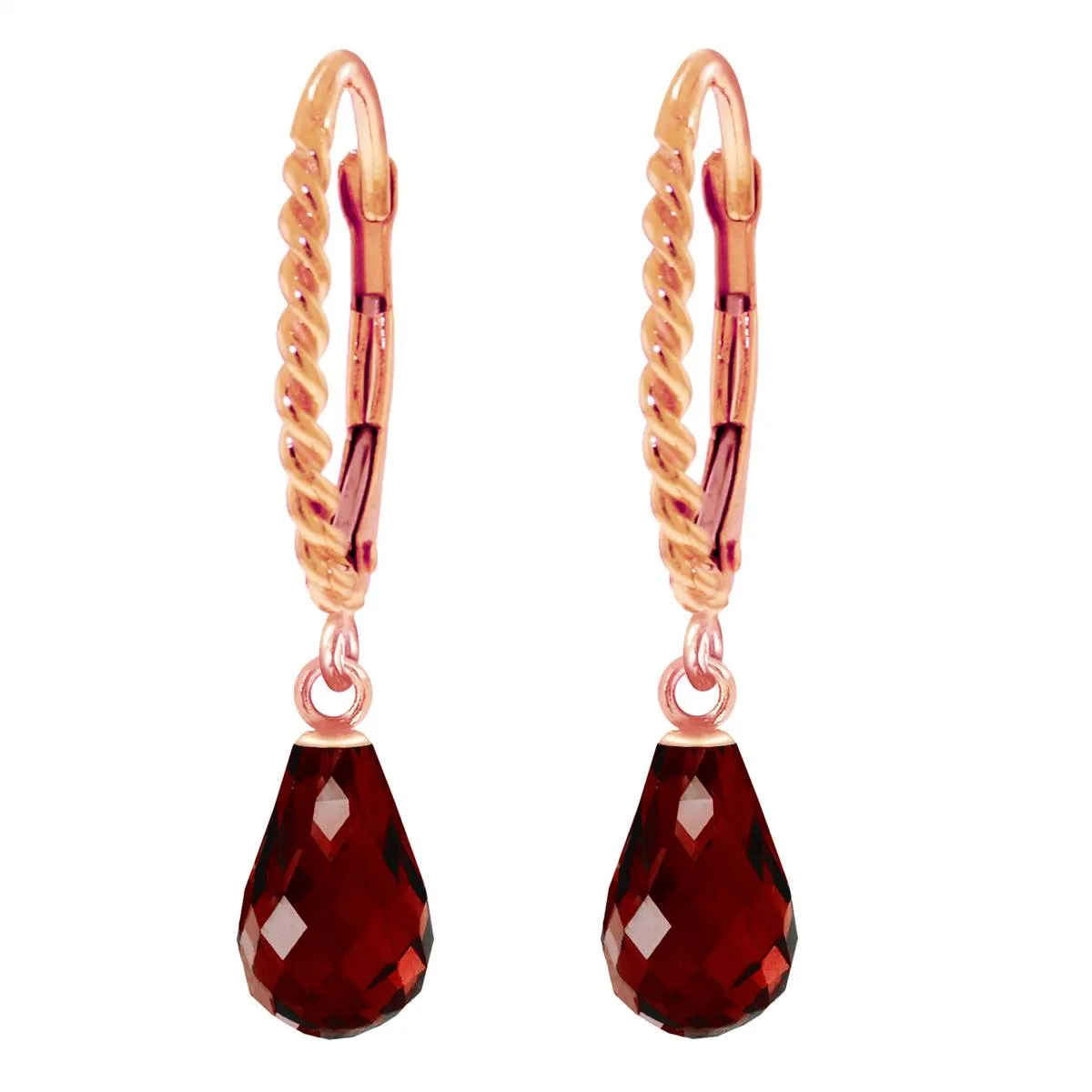 14K Solid Rose Gold Leverback Earrings Briolette Garnet Class