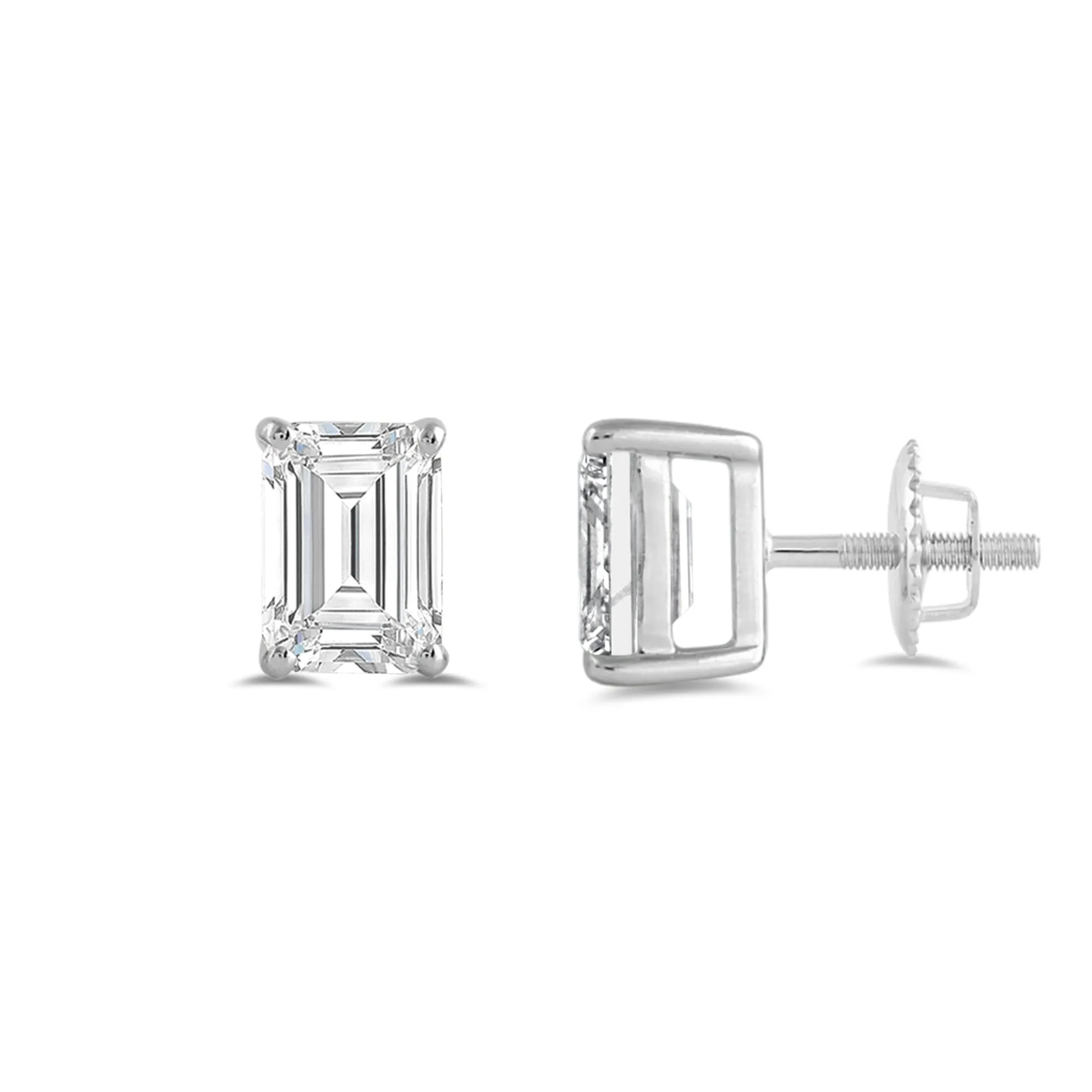14K Solid White Gold Solitaire Stud Earrings | Emerald Cut Cubic Zirconia | Screw Back Posts | 2.0 CTW | With Gift Box