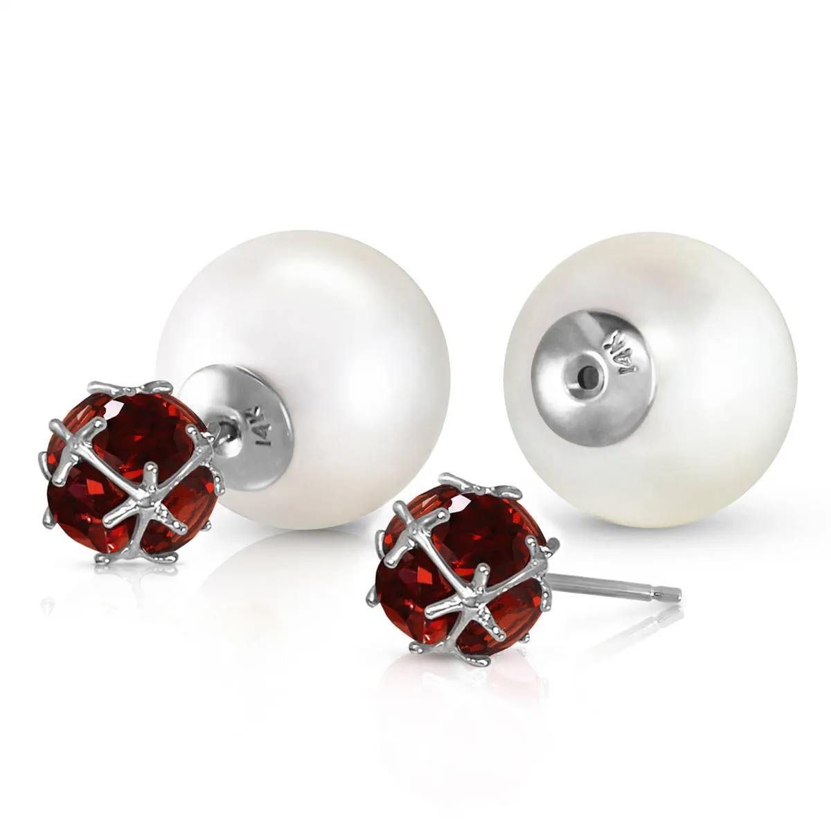 14K Solid White Gold Tribal Double Shell Pearls And Garnets Stud Earrings