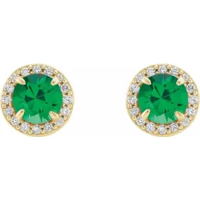 14K Yellow 4.5 mm Lab-Grown Emerald & 1/6 CTW Natural Diamond Earrings