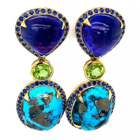 18 kt yellow gold hanging earrings with Cabachon Tanzanites, Persian Turquoise and Sapphires
