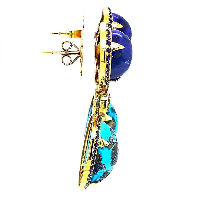 18 kt yellow gold hanging earrings with Cabachon Tanzanites, Persian Turquoise and Sapphires