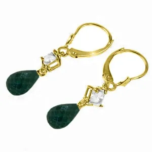 18.6 Carat 14K Solid Yellow Gold Leverback Earrings White Topaz Emerald