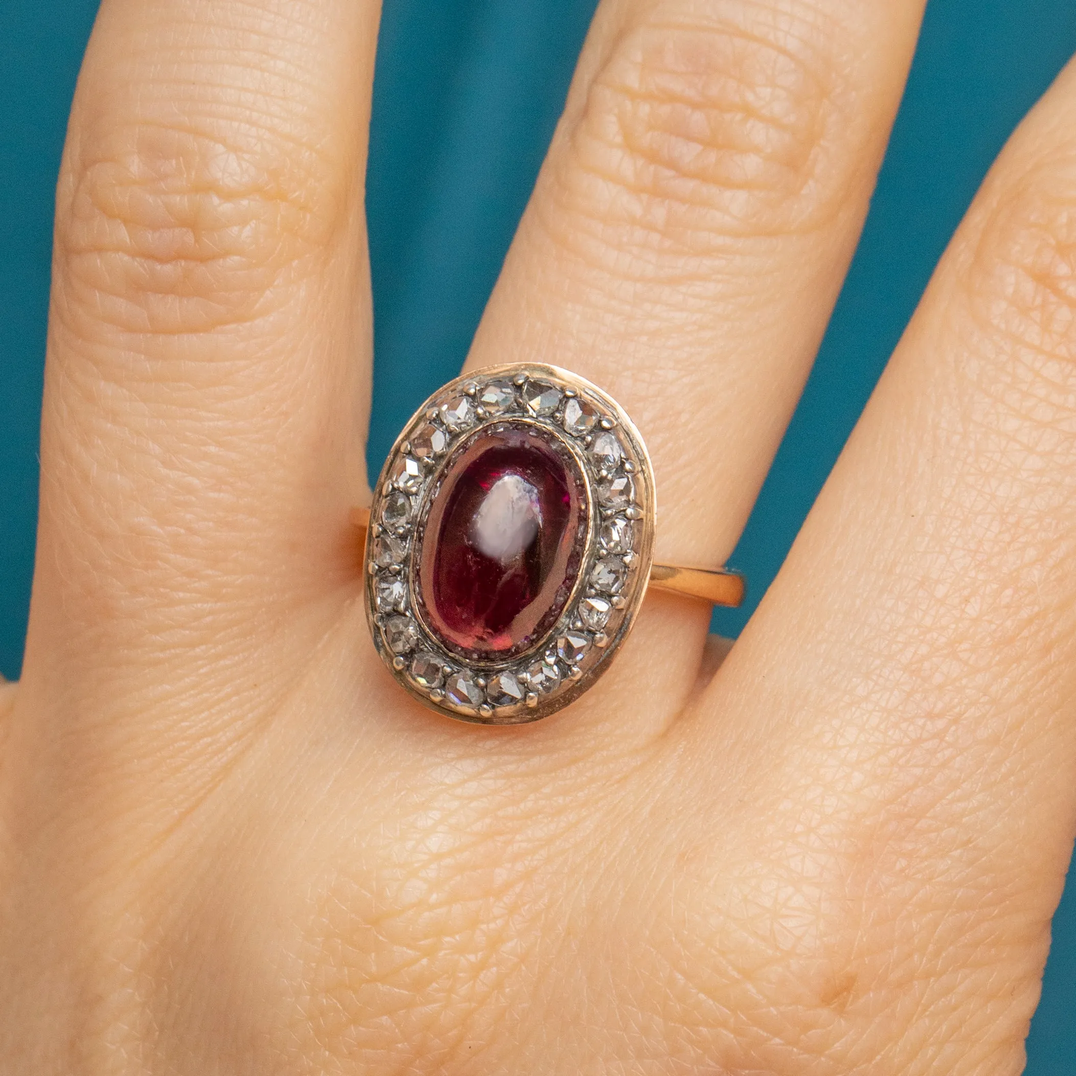 18ct Gold Garnet Cabochon Diamond Cluster Ring, 6.20ct Garnet