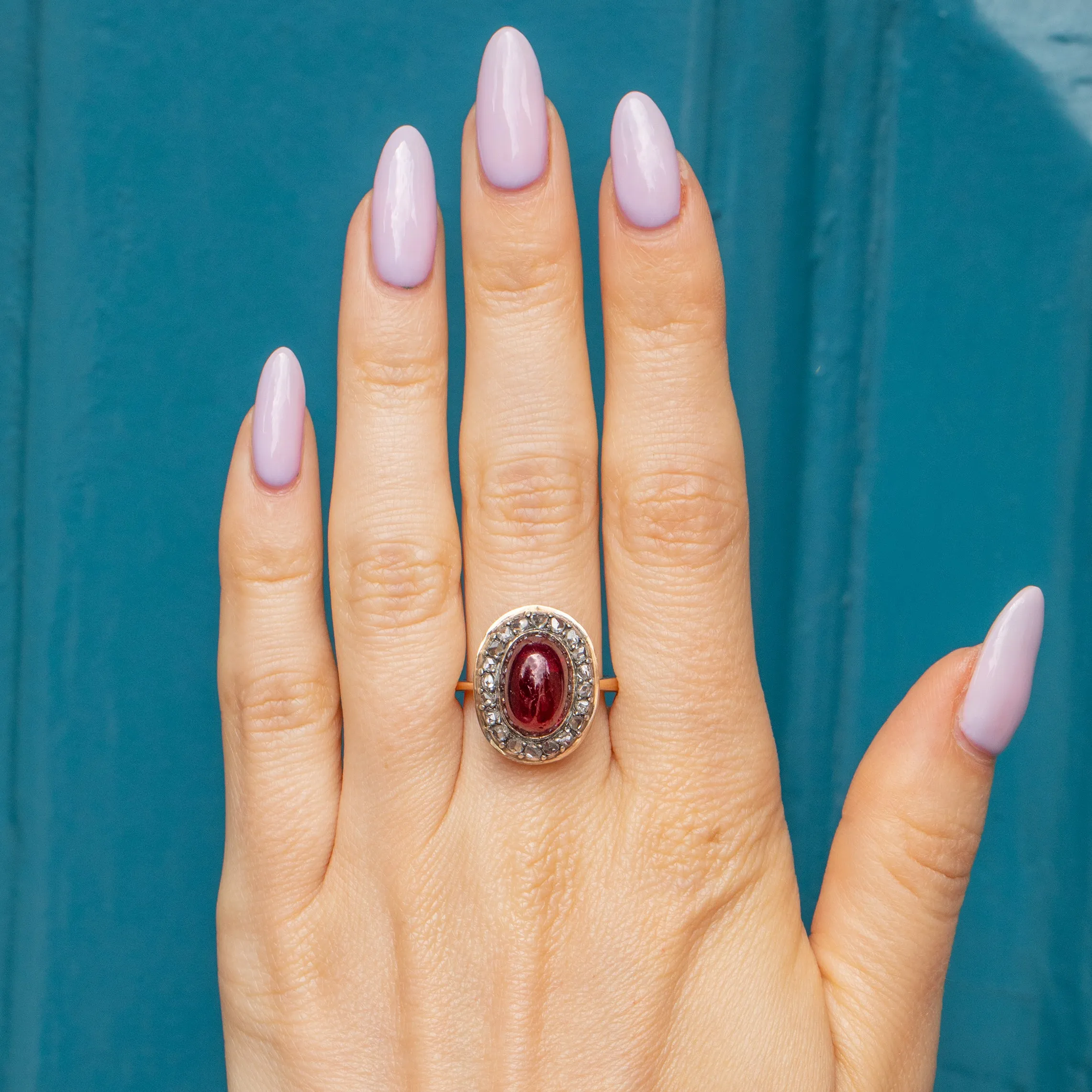 18ct Gold Garnet Cabochon Diamond Cluster Ring, 6.20ct Garnet