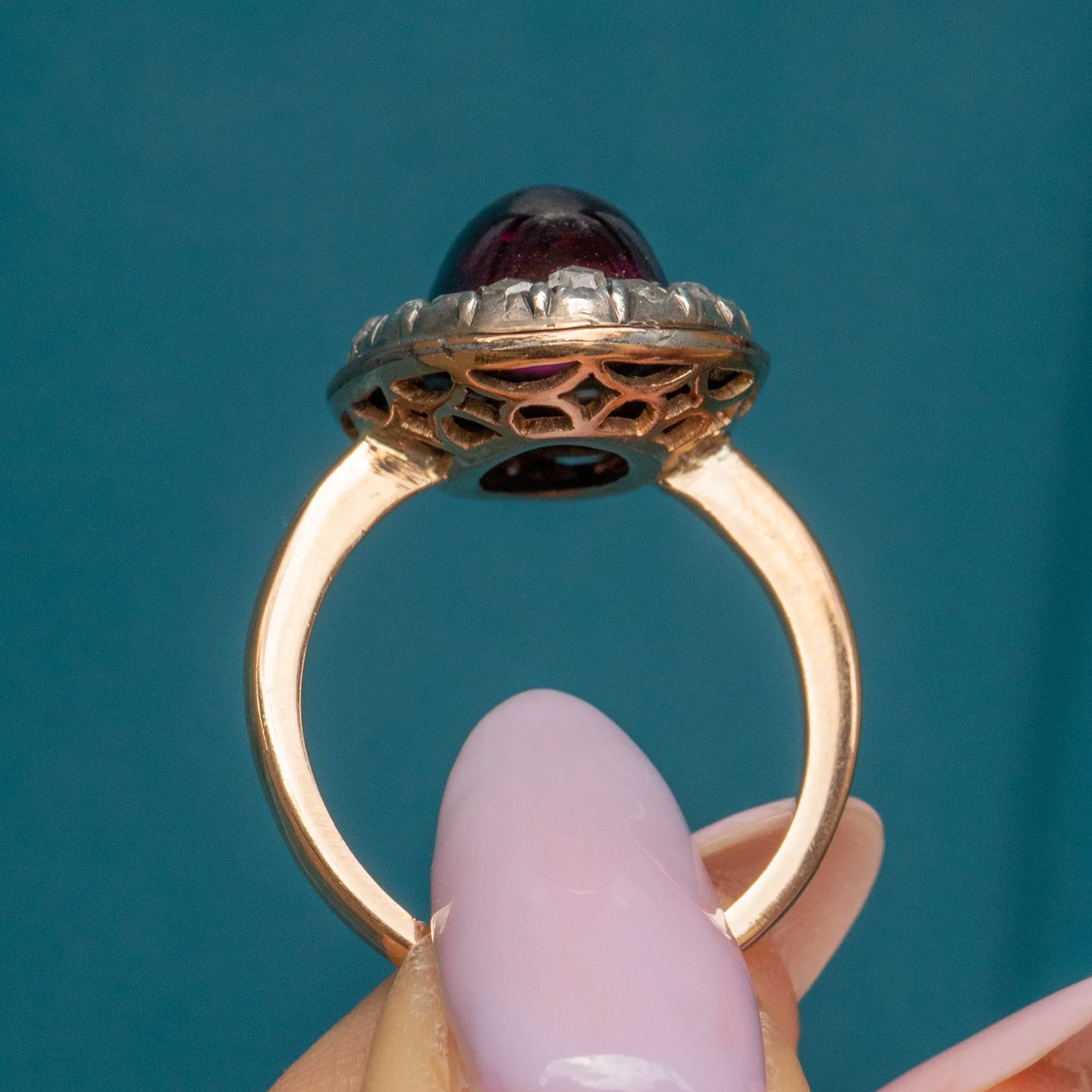 18ct Gold Garnet Cabochon Diamond Cluster Ring, 6.20ct Garnet