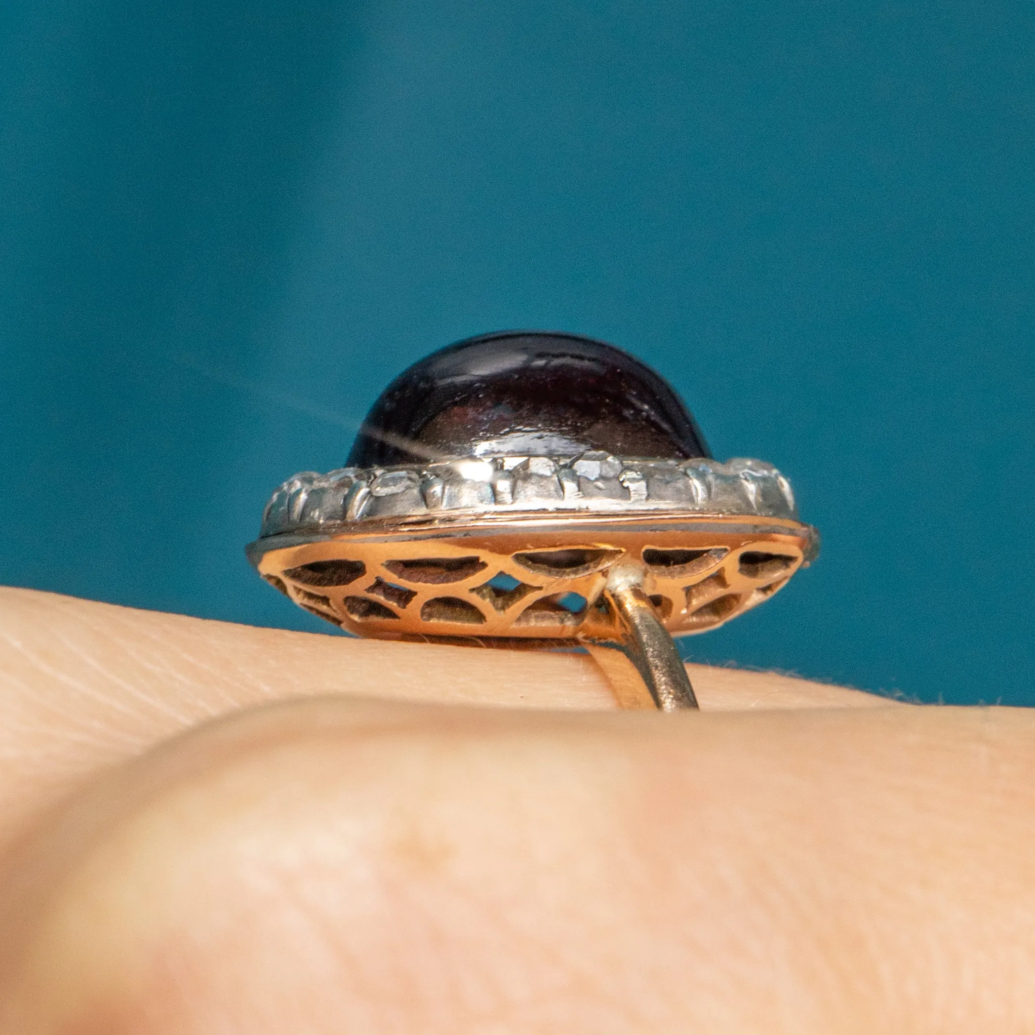 18ct Gold Garnet Cabochon Diamond Cluster Ring, 6.20ct Garnet