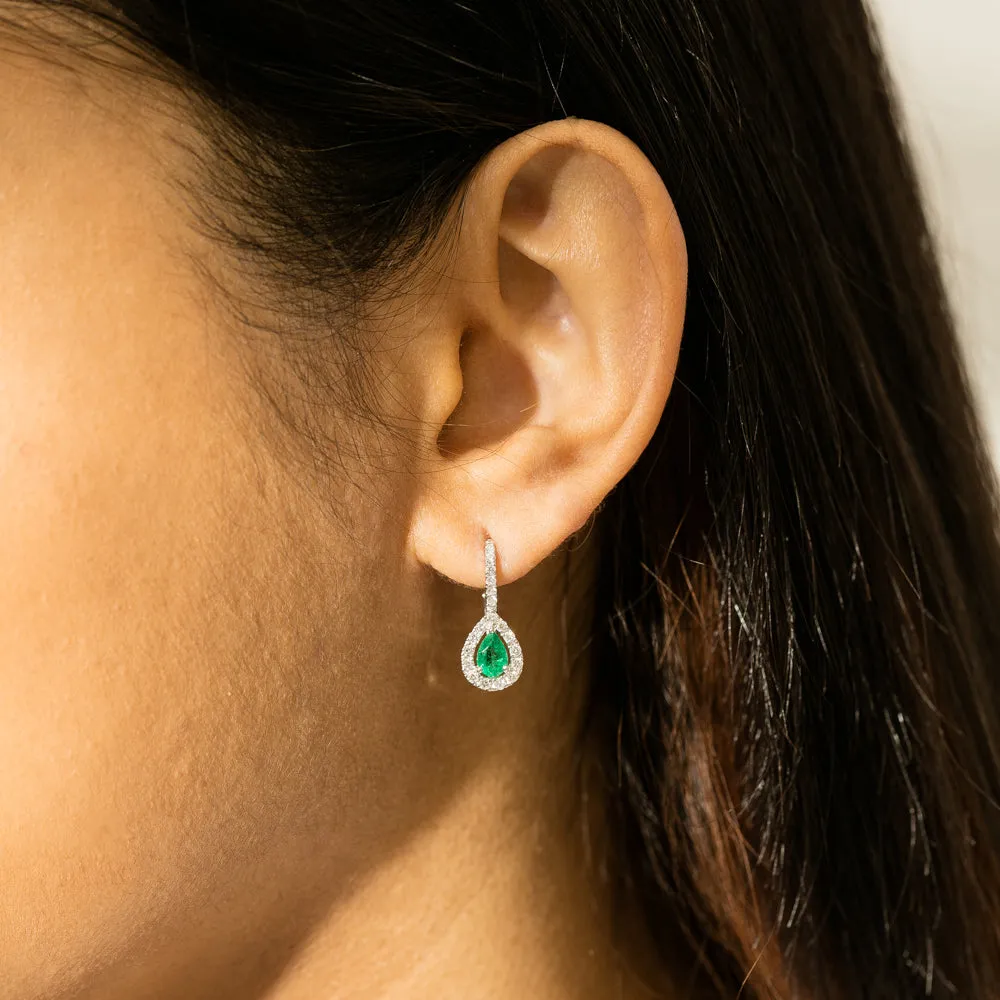 18ct White Gold Emerald & Diamond Huggie Drop Earrings