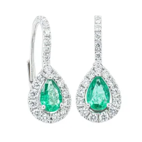 18ct White Gold Emerald & Diamond Huggie Drop Earrings