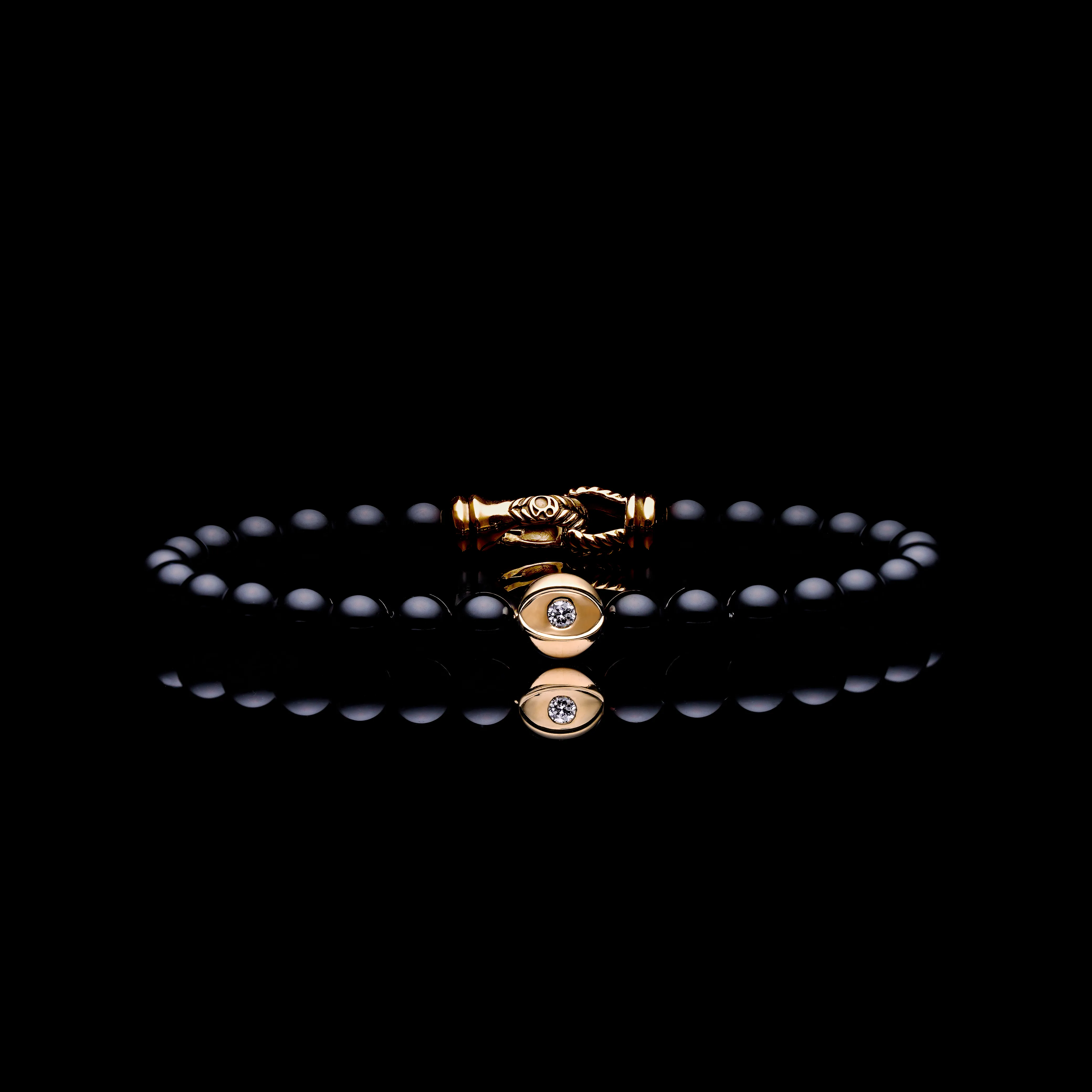 18k Gold Evil Eye Bracelet | Onyx Beaded Bracelet In Laurel Clasp