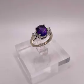 18K WHITE GOLD AMETHYST & DIAMOND Woman's RING Size 6