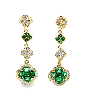 18K Yellow Gold Dangling Quatrefoil Earrings with Diamonds & Emeralds