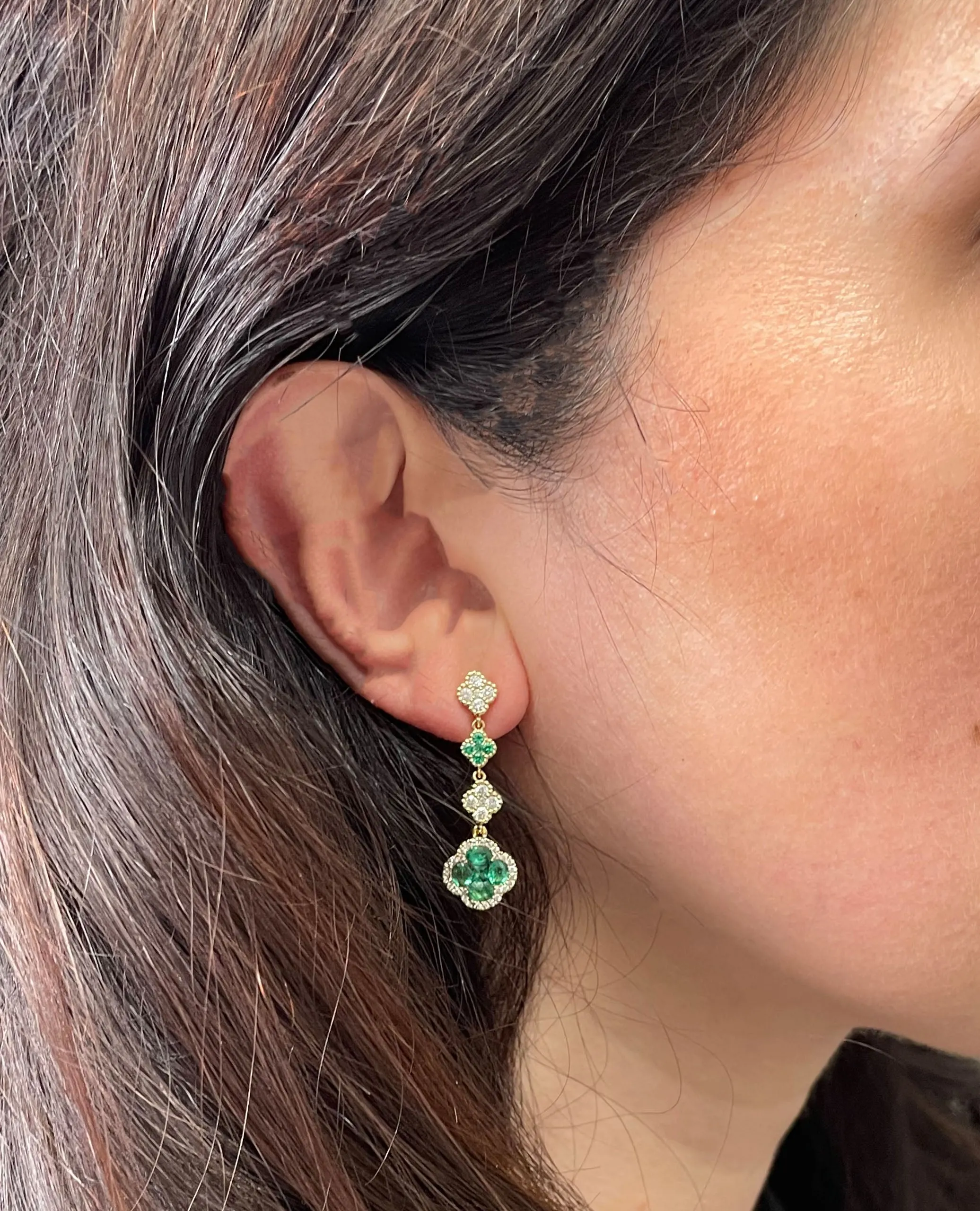 18K Yellow Gold Dangling Quatrefoil Earrings with Diamonds & Emeralds