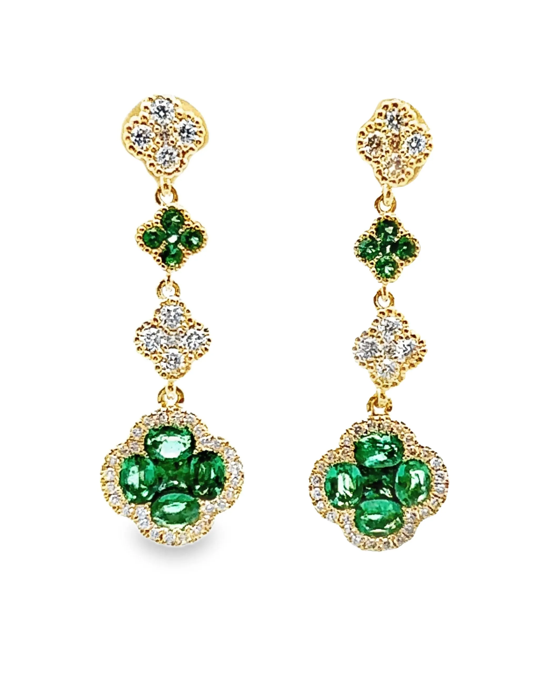 18K Yellow Gold Dangling Quatrefoil Earrings with Diamonds & Emeralds