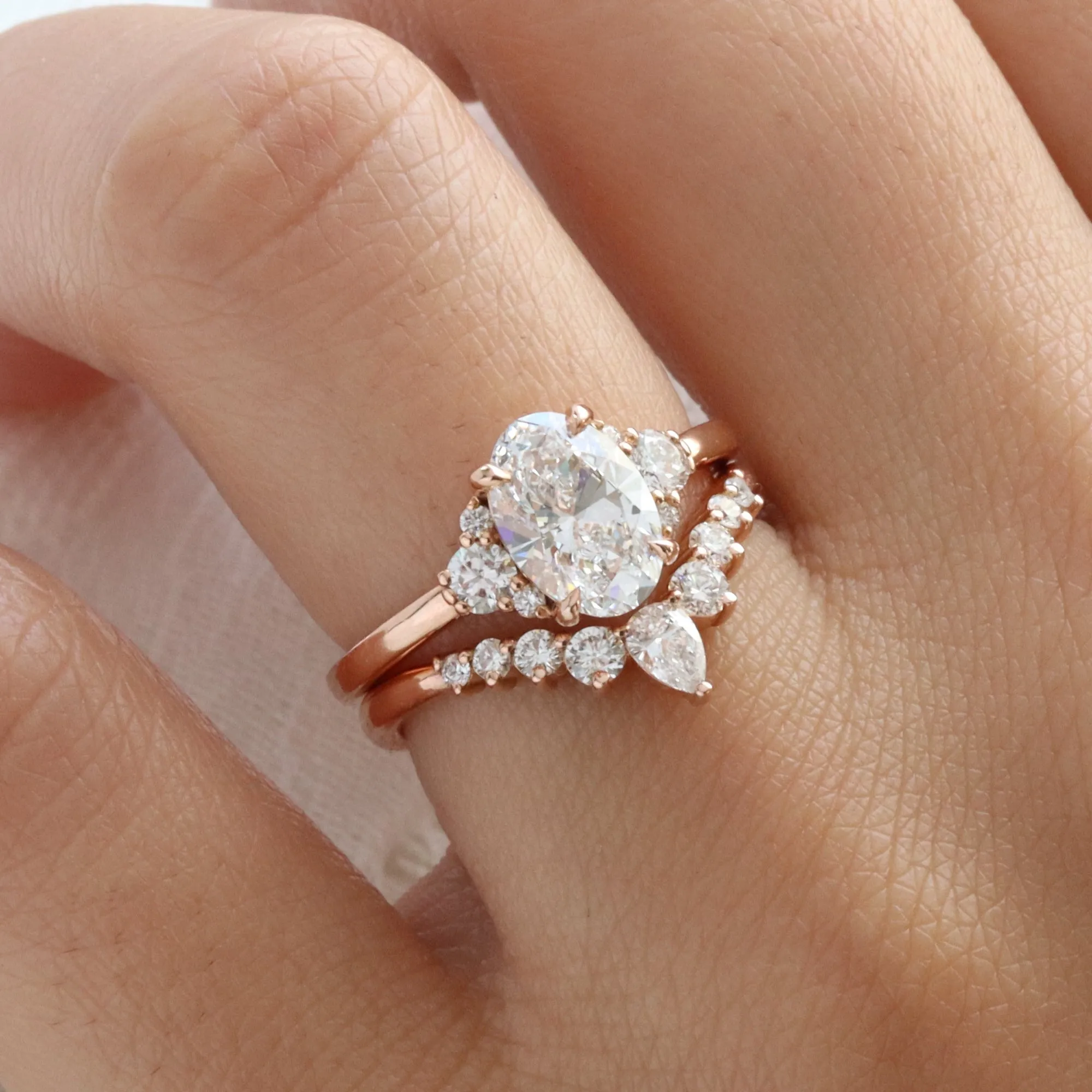2.18 Ct. Oval Lab Diamond 3 Stone Ring Set w/ Wishbone Wedding Band in Flora Setting