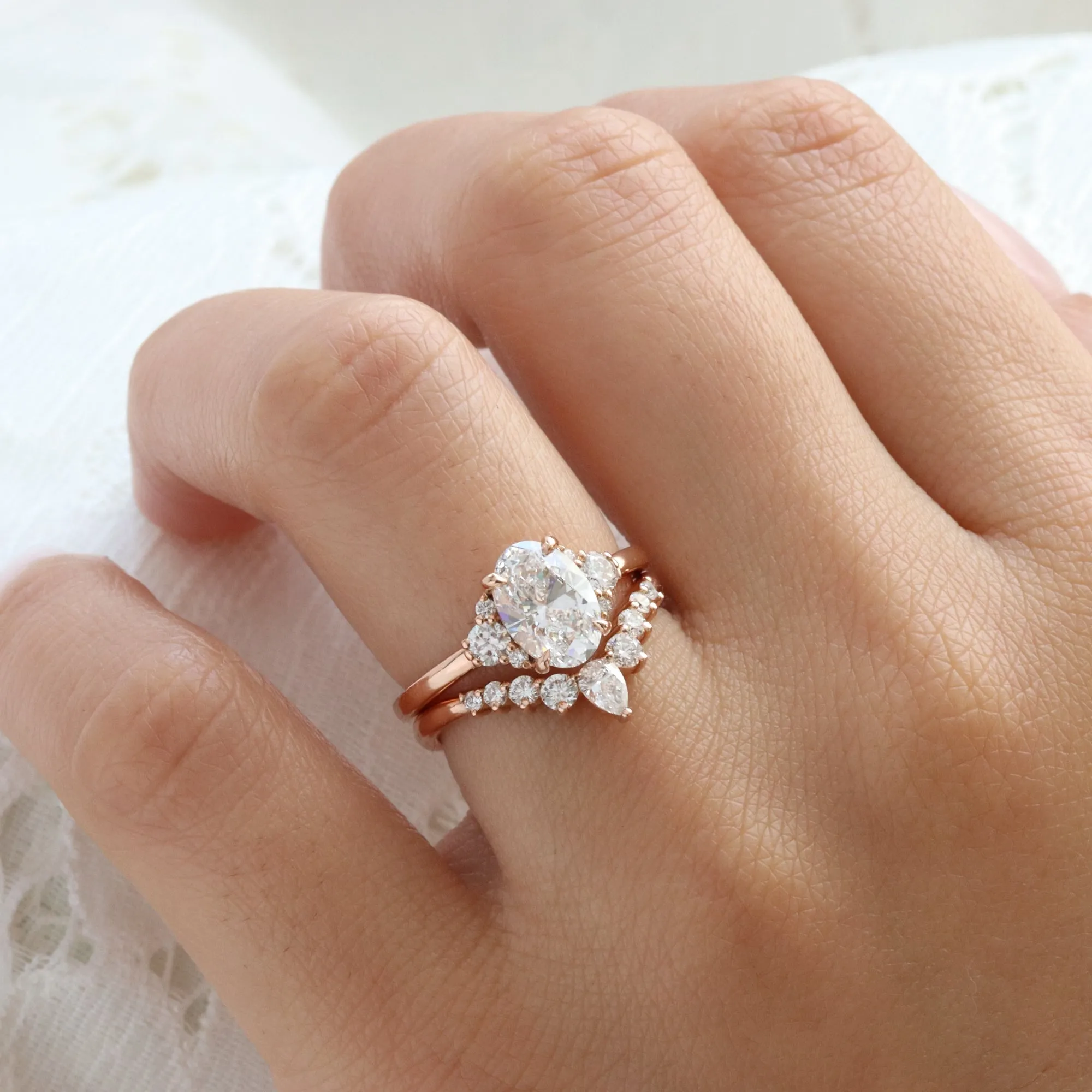 2.18 Ct. Oval Lab Diamond 3 Stone Ring Set w/ Wishbone Wedding Band in Flora Setting