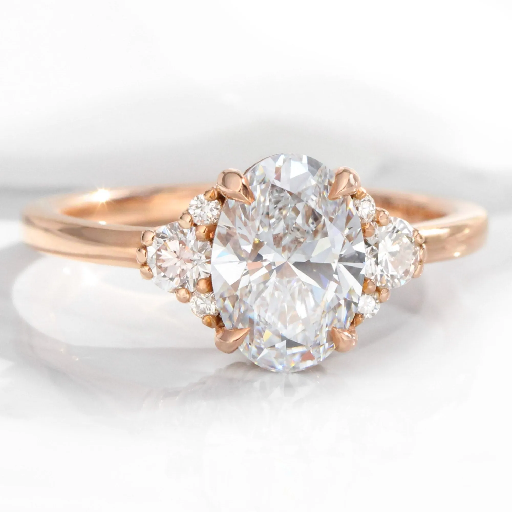 2.18 Ct. Oval Lab Diamond 3 Stone Ring Set w/ Wishbone Wedding Band in Flora Setting
