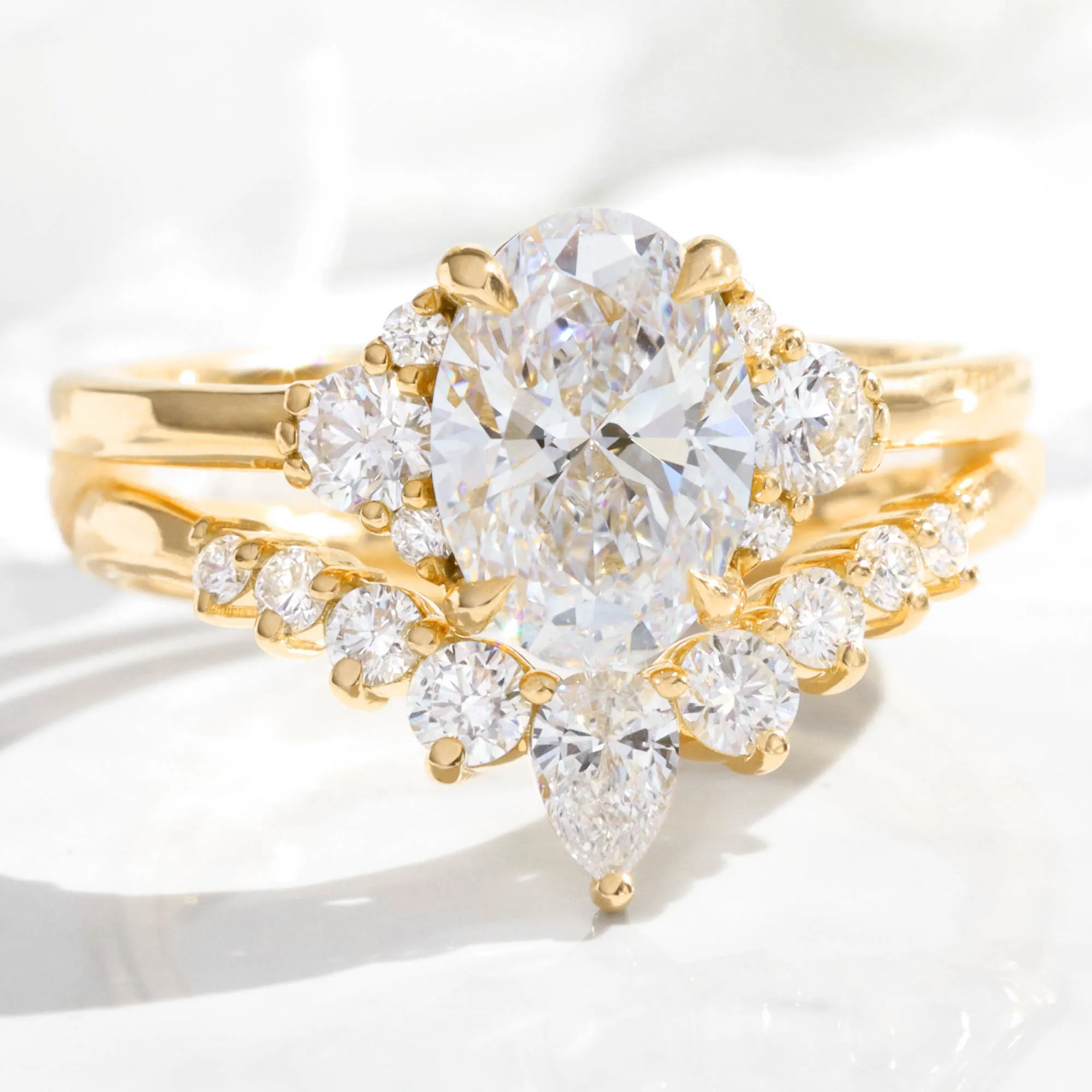 2.18 Ct. Oval Lab Diamond 3 Stone Ring Set w/ Wishbone Wedding Band in Flora Setting