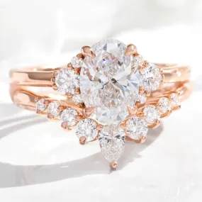 2.18 Ct. Oval Lab Diamond 3 Stone Ring Set w/ Wishbone Wedding Band in Flora Setting