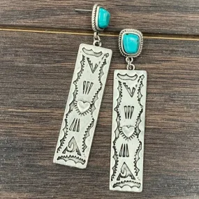 2.7" Long Aztec and Turquoise Stone Post Earrings