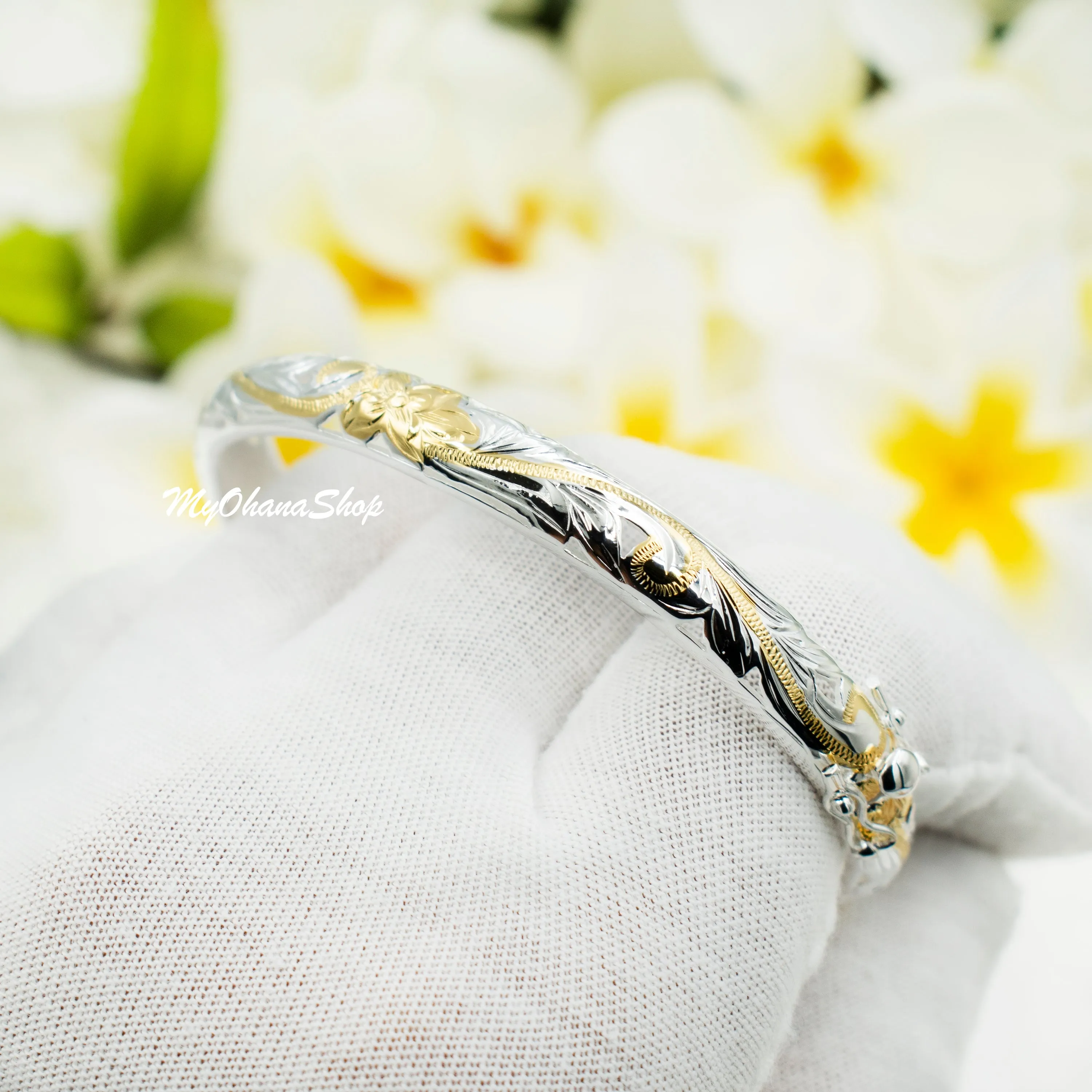 925 Sterling Silver Hawaiian Open Bangle For Women. 8mm Hinged, Cutout Plumerias & Scrolls Bracelet.  Aloha Island Jewelry Gift for Her.