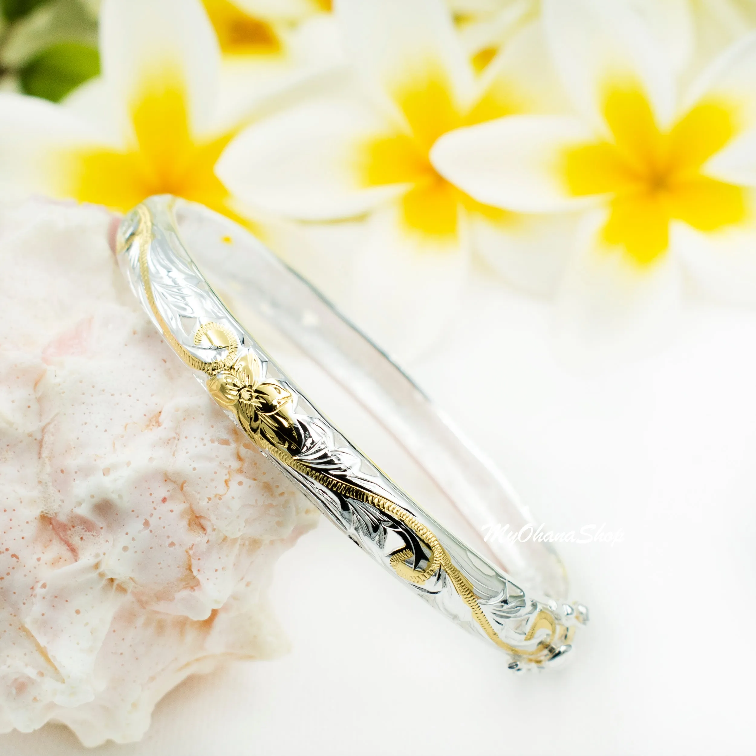 925 Sterling Silver Hawaiian Open Bangle For Women. 8mm Hinged, Cutout Plumerias & Scrolls Bracelet.  Aloha Island Jewelry Gift for Her.