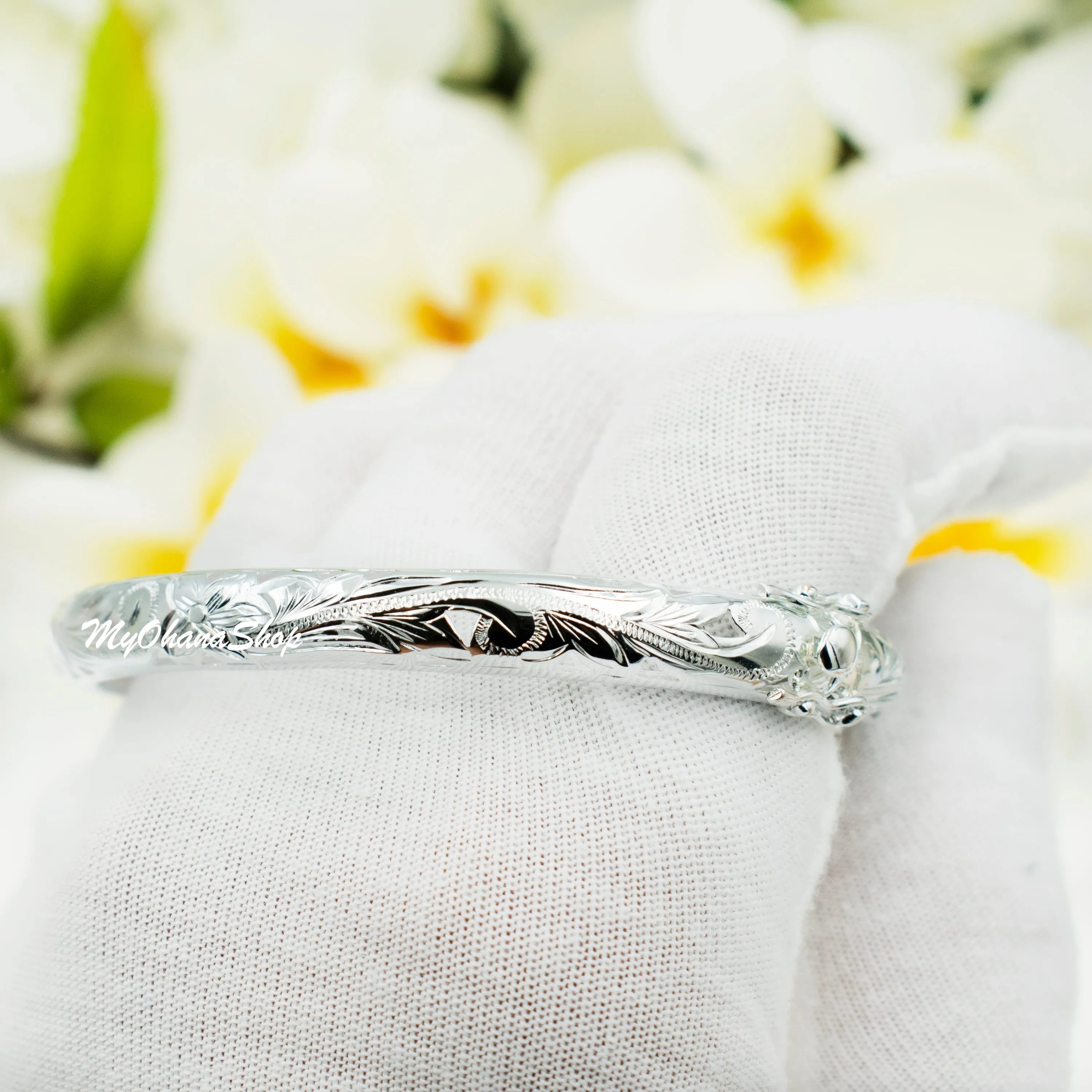 925 Sterling Silver Hawaiian Open Bangle For Women. 8mm Hinged, Cutout Plumerias & Scrolls Bracelet.  Aloha Island Jewelry Gift for Her.
