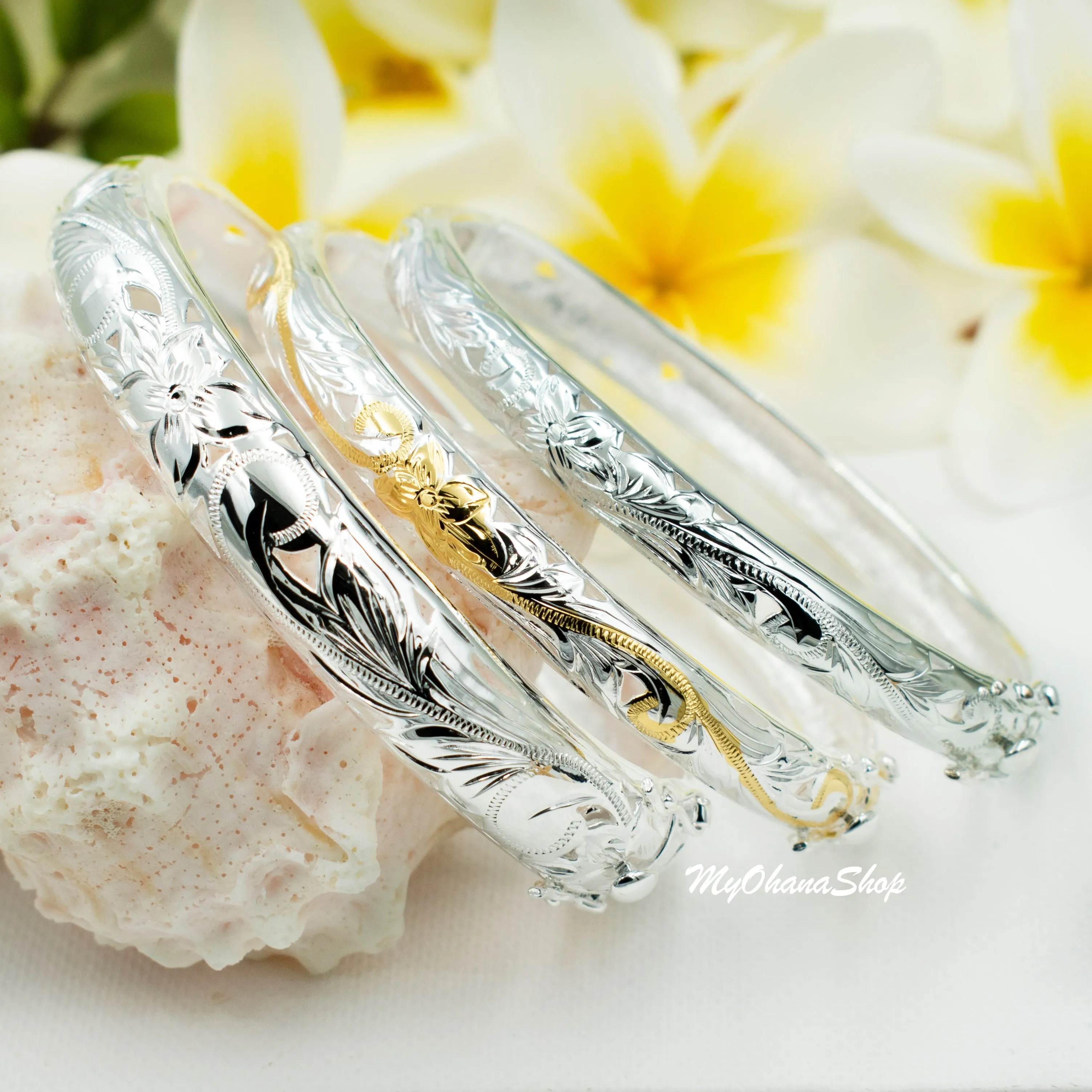 925 Sterling Silver Hawaiian Open Bangle For Women. 8mm Hinged, Cutout Plumerias & Scrolls Bracelet.  Aloha Island Jewelry Gift for Her.