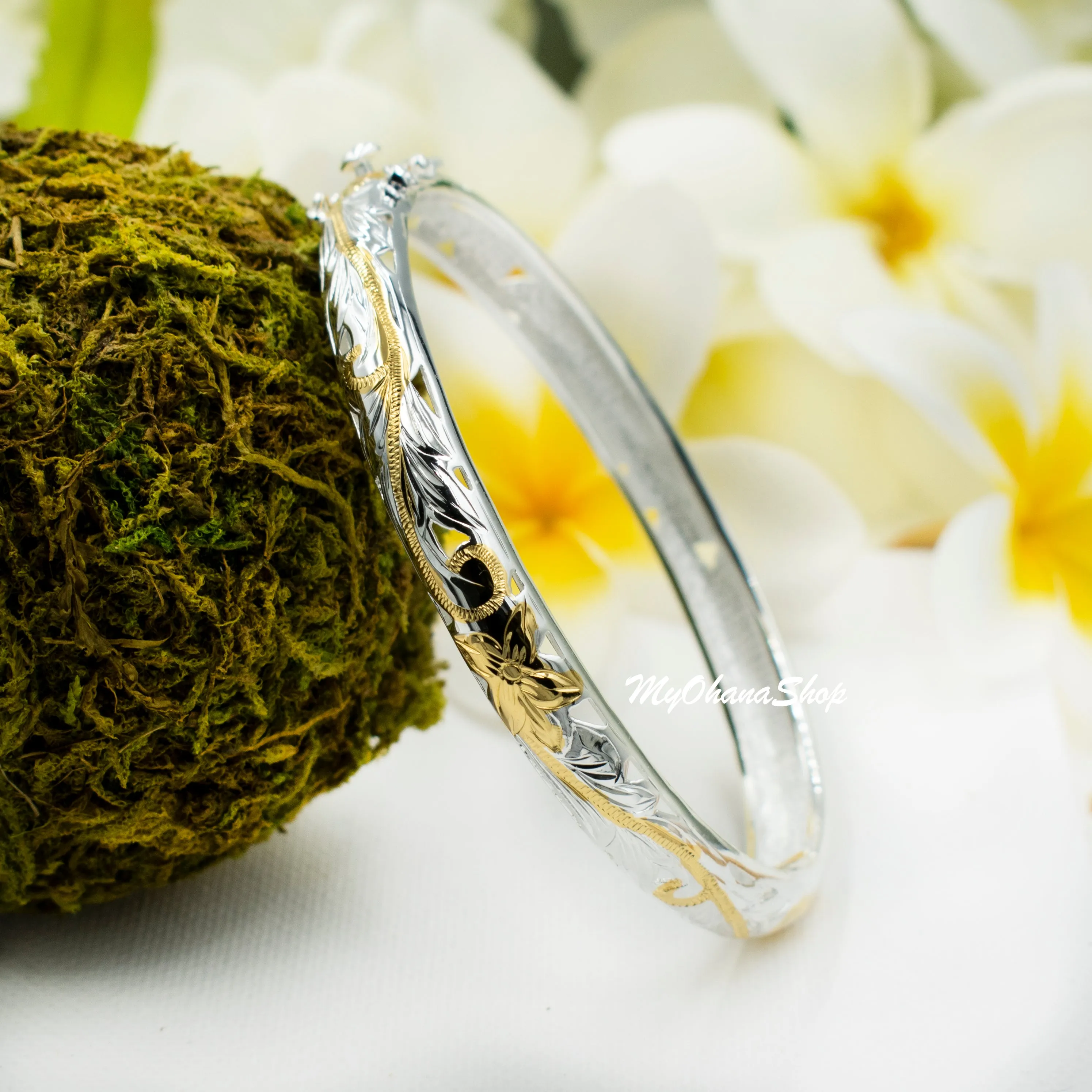 925 Sterling Silver Hawaiian Open Bangle For Women. 8mm Hinged, Cutout Plumerias & Scrolls Bracelet.  Aloha Island Jewelry Gift for Her.