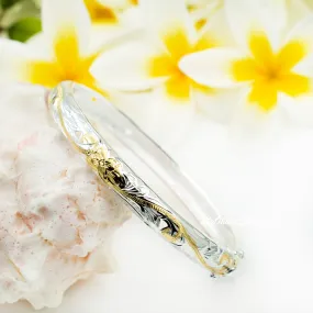 925 Sterling Silver Hawaiian Open Bangle For Women. 8mm Hinged, Cutout Plumerias & Scrolls Bracelet.  Aloha Island Jewelry Gift for Her.