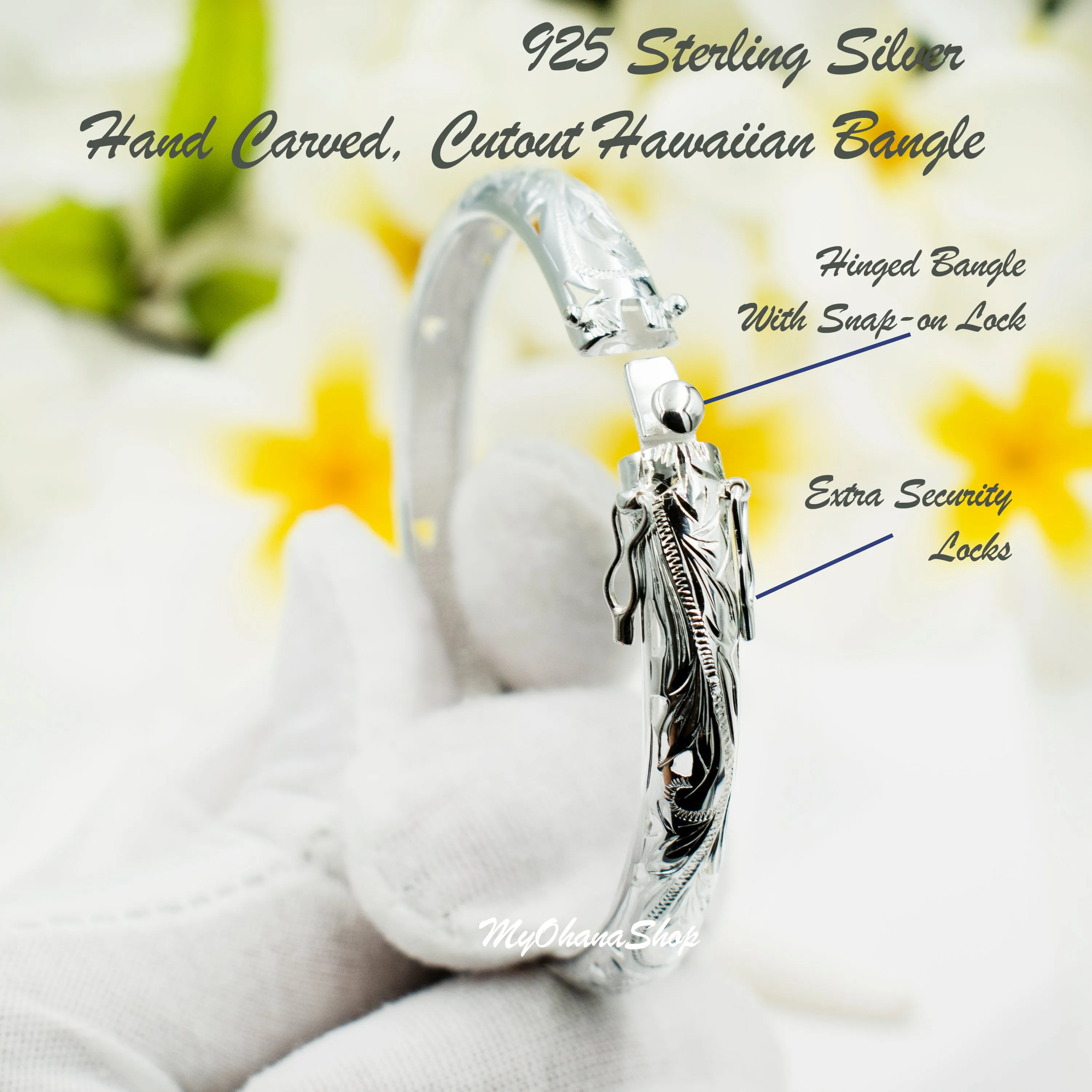 925 Sterling Silver Hawaiian Open Bangle For Women. 8mm Hinged, Cutout Plumerias & Scrolls Bracelet.  Aloha Island Jewelry Gift for Her.