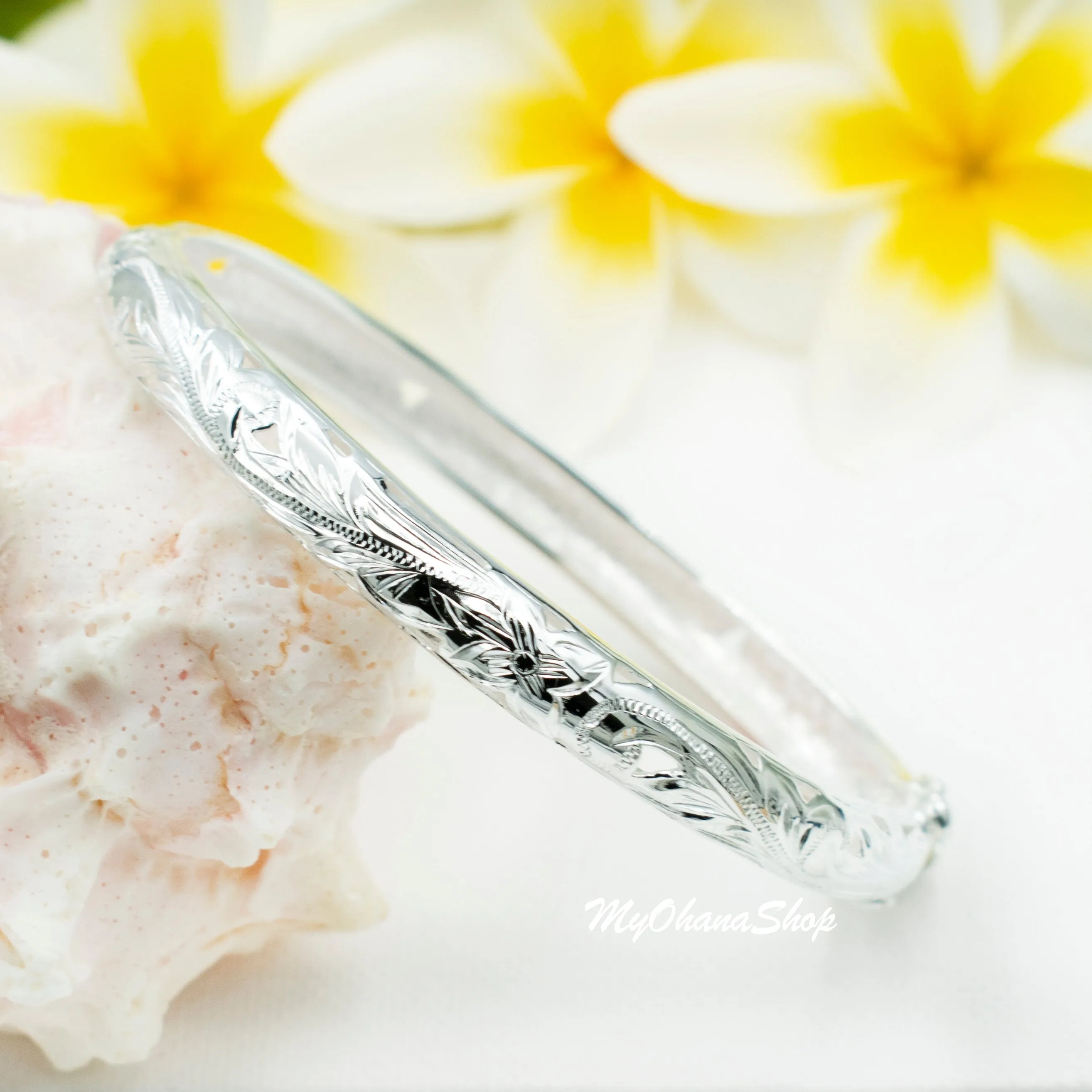 925 Sterling Silver Hawaiian Open Bangle For Women. 8mm Hinged, Cutout Plumerias & Scrolls Bracelet.  Aloha Island Jewelry Gift for Her.