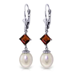 9.5 Carat 14K Solid White Gold Time Catcher Pearl Garnet Earrings