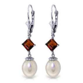 9.5 Carat 14K Solid White Gold Time Catcher Pearl Garnet Earrings