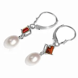9.5 Carat 14K Solid White Gold Time Catcher Pearl Garnet Earrings