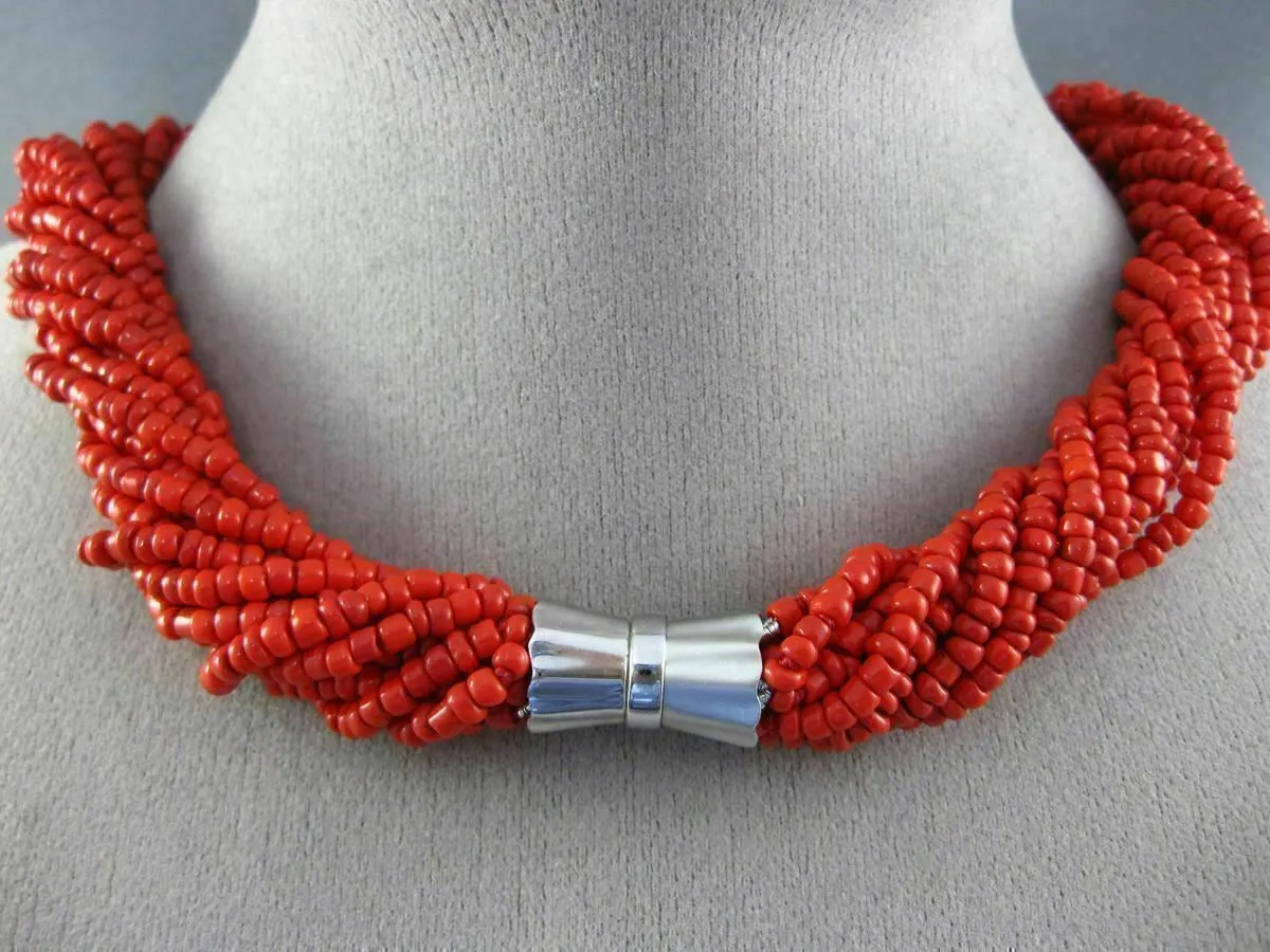 ANTIQUE AAA CORAL STAINLESS STEEL 3D MULTI STRAND BEADED BOW NECKLACE #25872