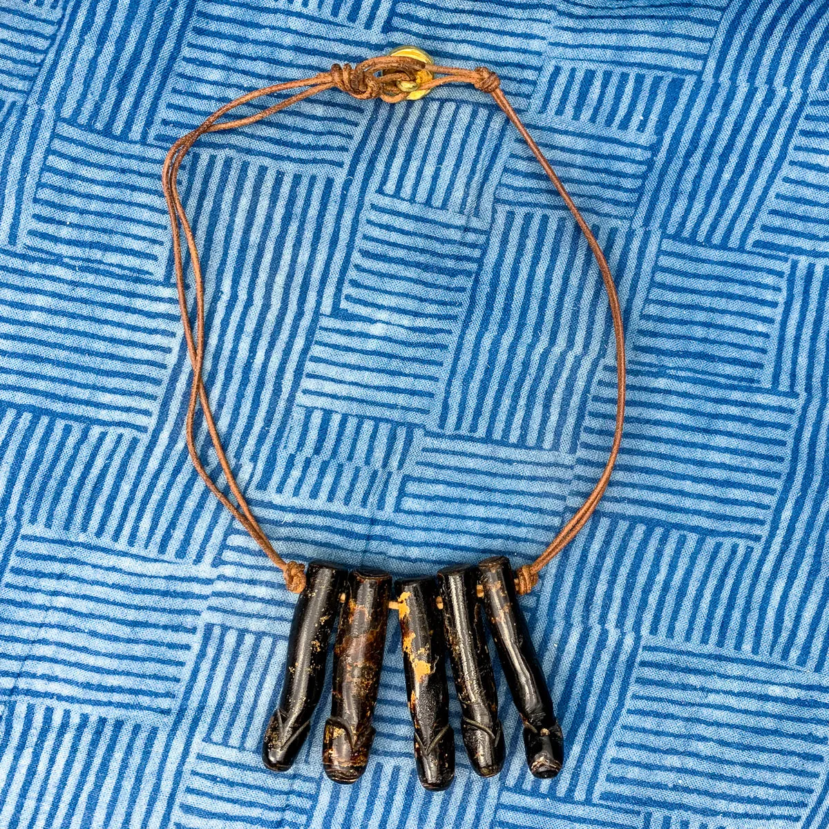Antique Black Indonesian Coral Lingam / Palad Khik Necklace with Button Closure
