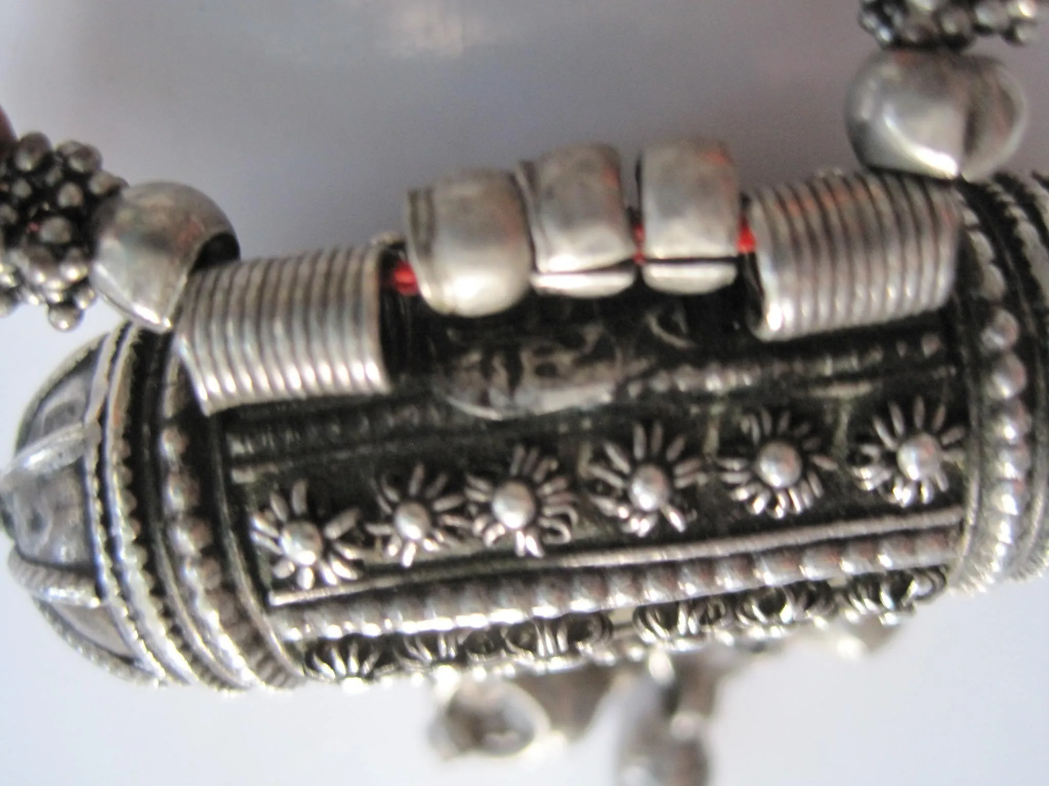 Antique Jewish Yemeni Silver and Coral Hirz Necklace with Signed Beads