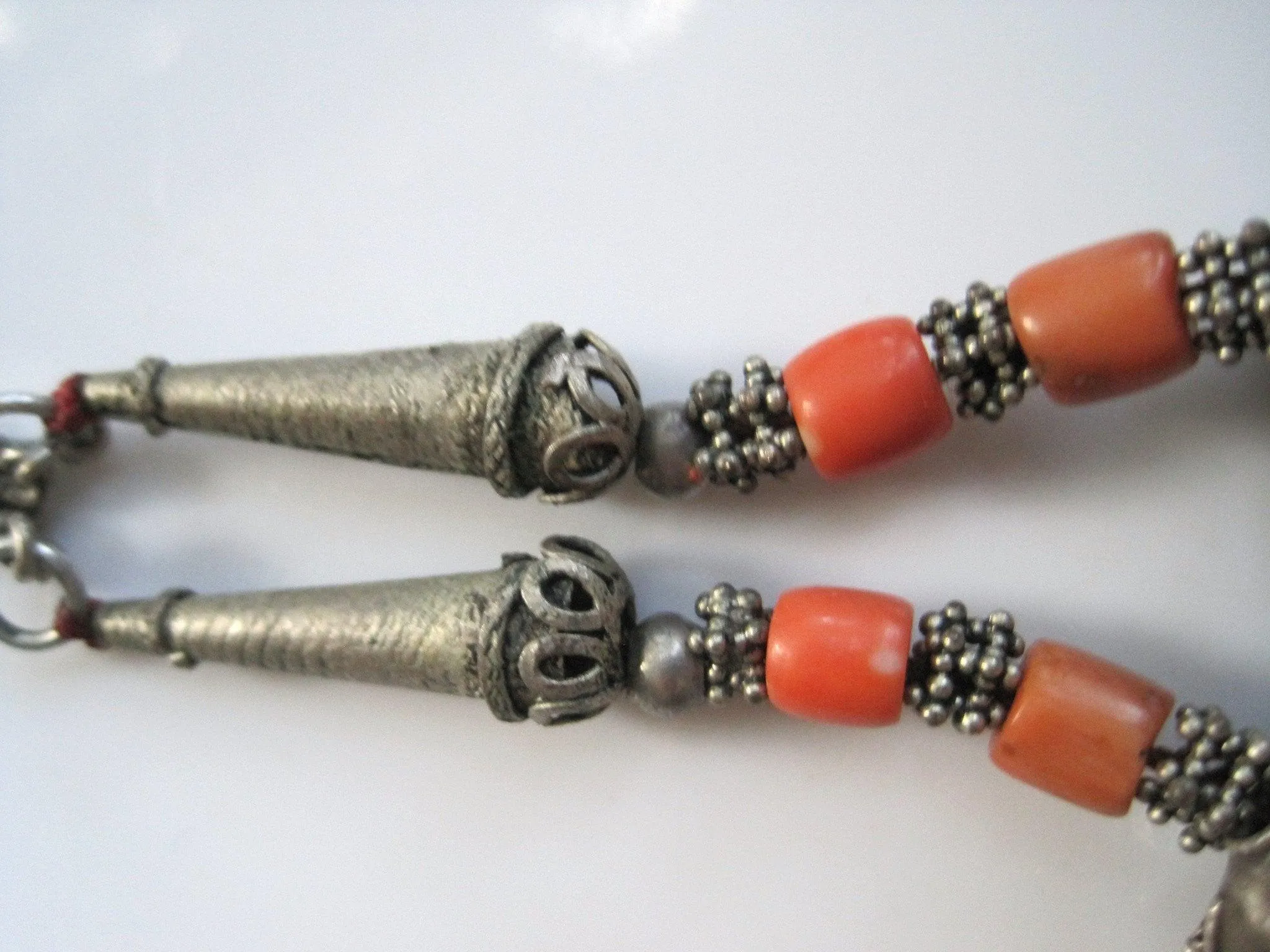 Antique Jewish Yemeni Silver and Coral Hirz Necklace with Signed Beads