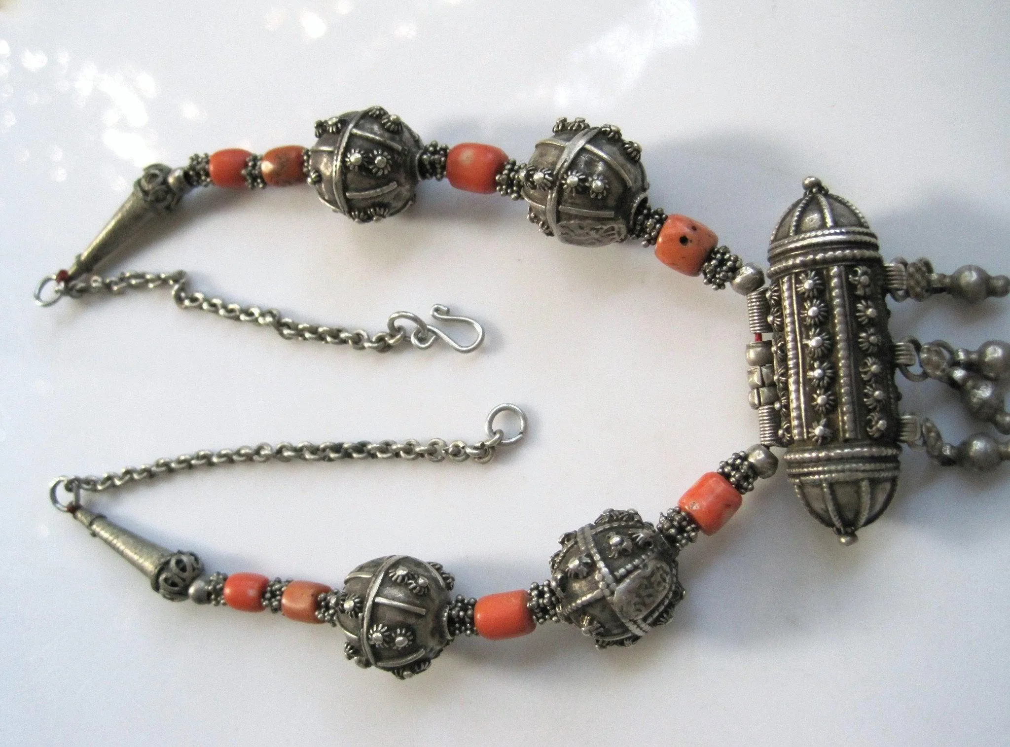 Antique Jewish Yemeni Silver and Coral Hirz Necklace with Signed Beads
